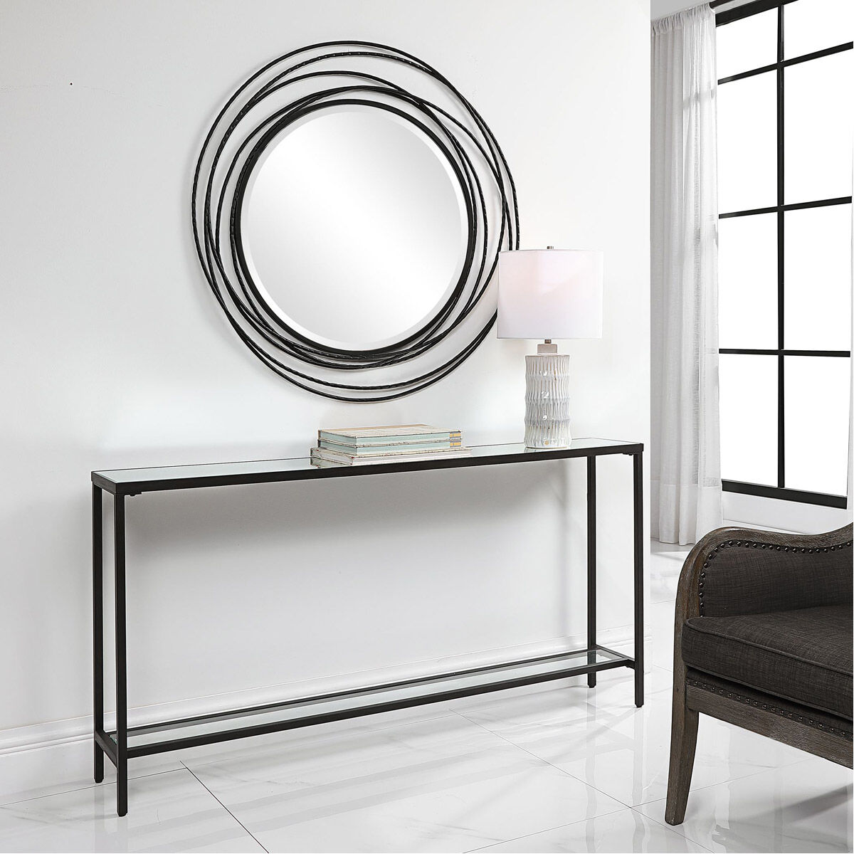 Glass console table with mirror discount