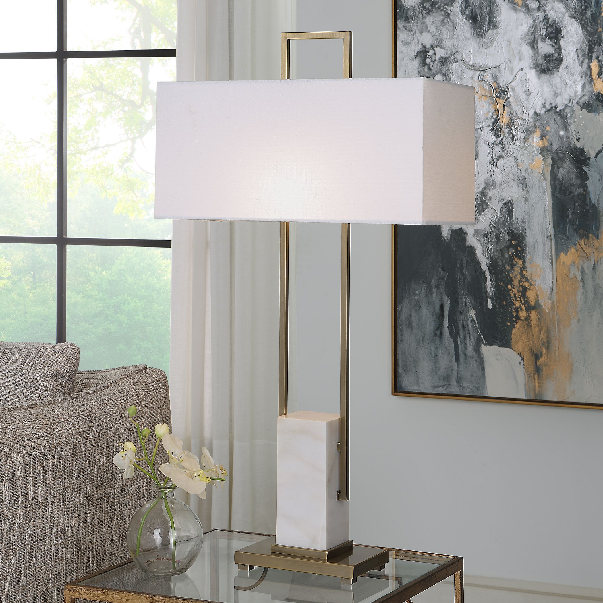 Column 35 inch 100.00 watt Plated Brass and White Marble Table Lamp Portable Light