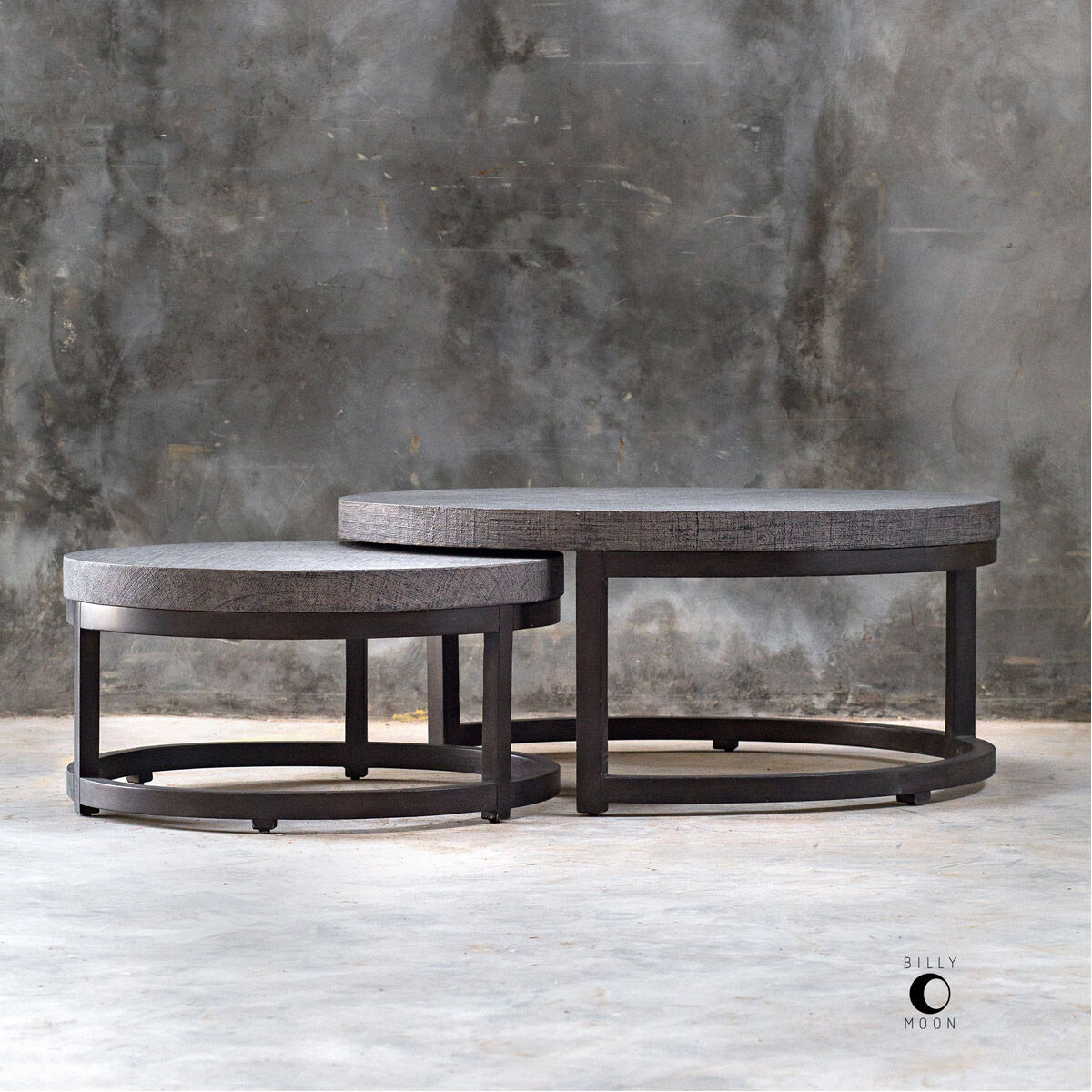 Aiyara 43 X 18 inch Mushroom Gray Burlap and Hand Rubbed Black Coffee Nesting Tables, Set of 2