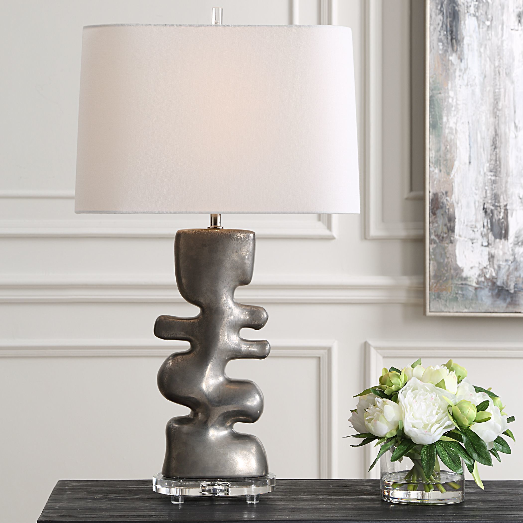 Free Flowing 28.5 inch 150.00 watt Tarnished Nickel Glaze and Clear Crystal Table Lamp Portable Light