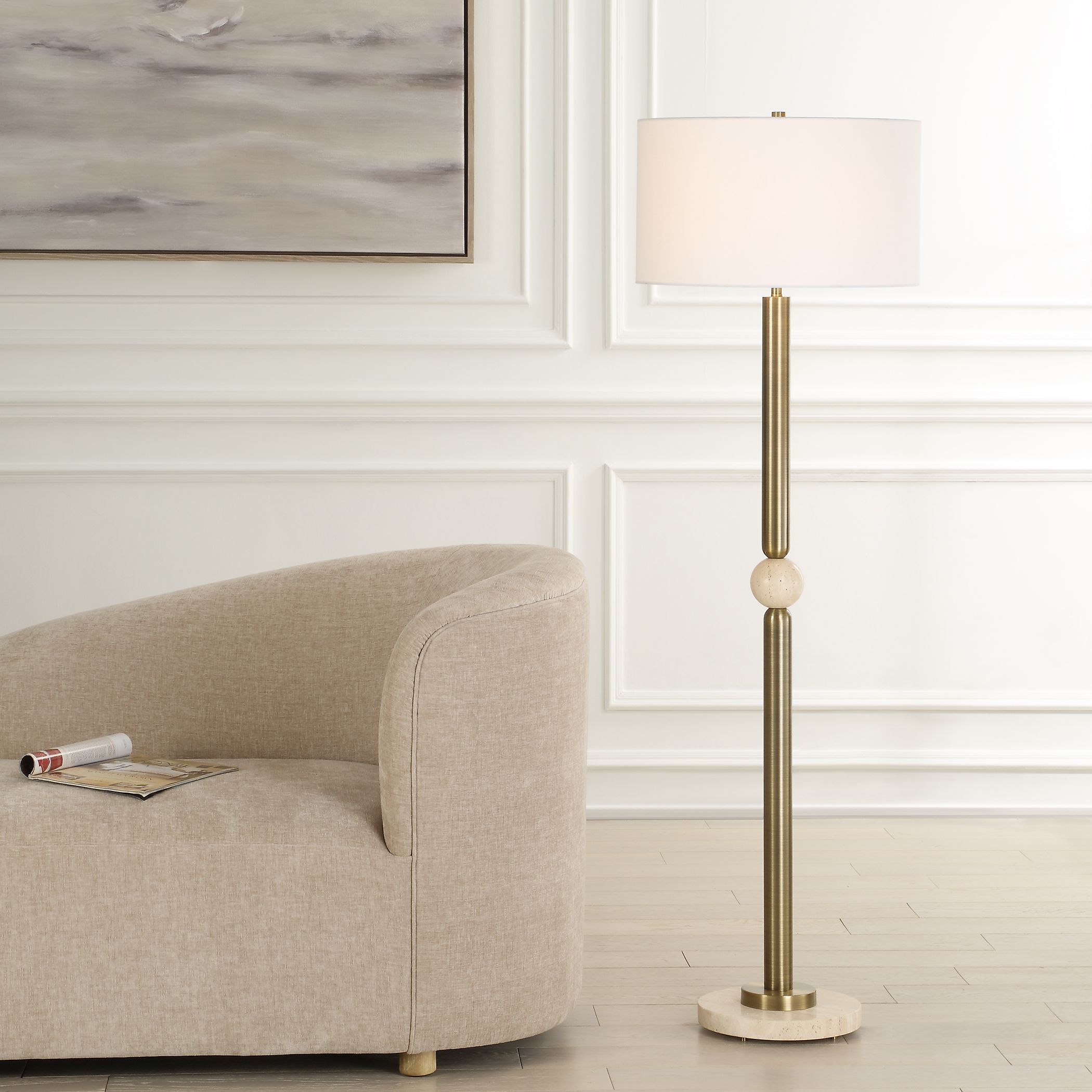 Hudson 61.5 inch 150.00 watt Gold and Travertine Floor Lamp Portable Light