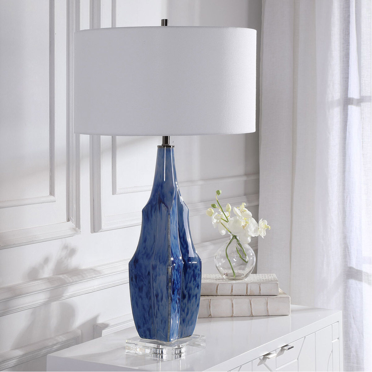 Everard 31 inch 150.00 watt Indigo Blue with Polished Nickel and Crystal Table lamp Portable Light
