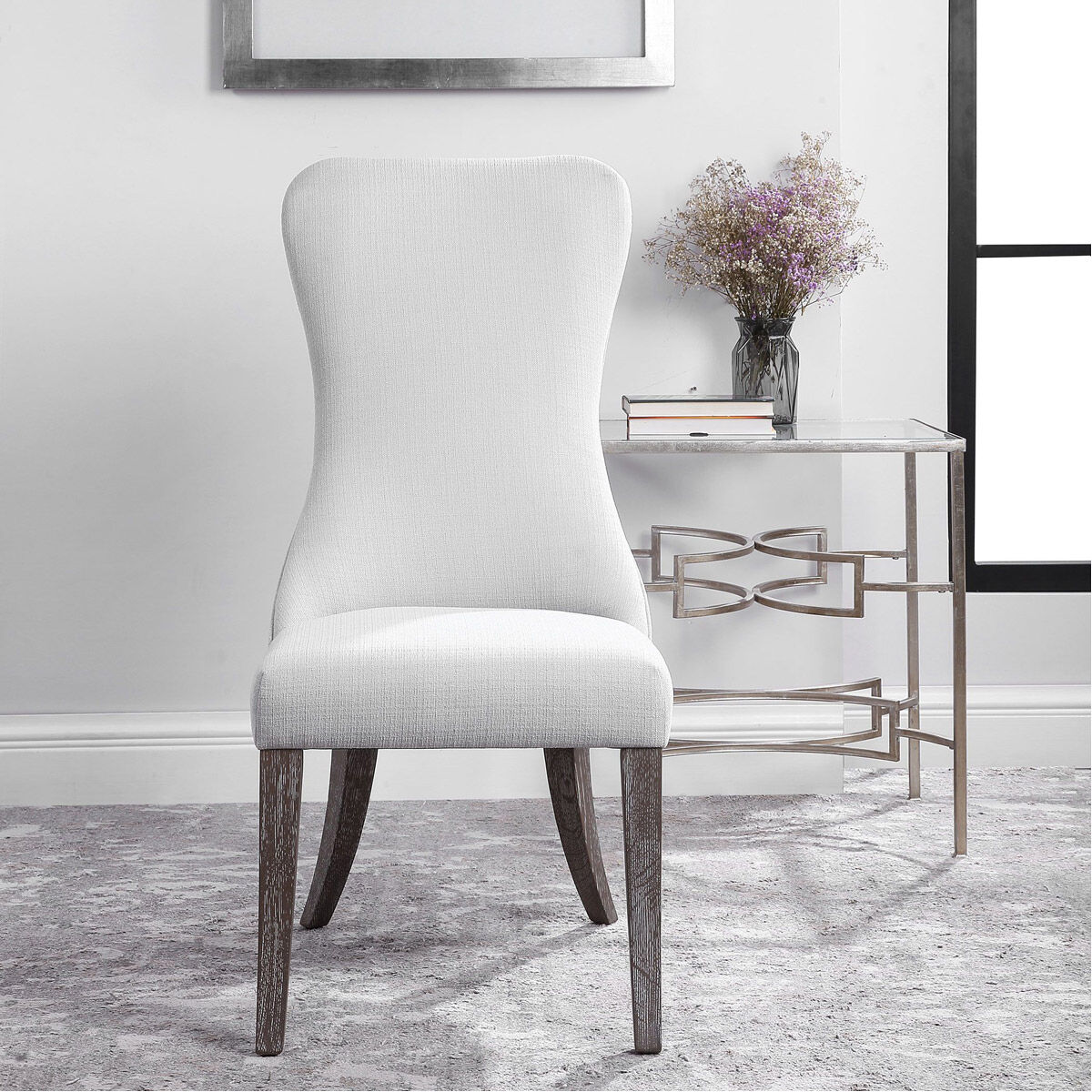 Caledonia White Fabric and Dark Walnut with Light Gray Wash Armless Chair