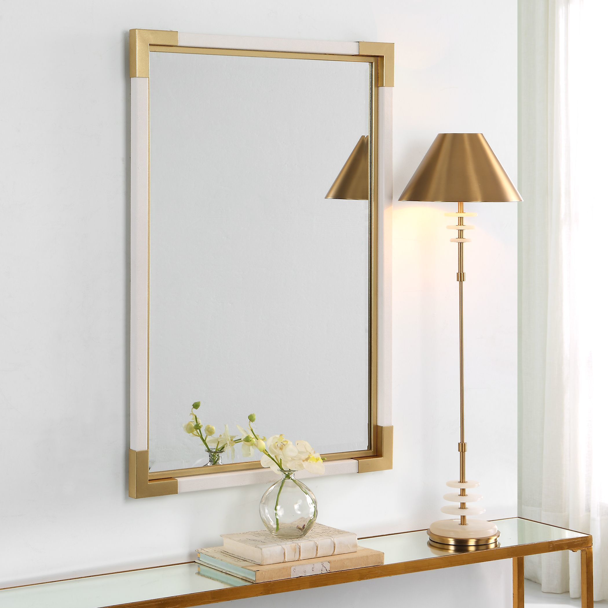 Malik 39 X 27 inch White Faux Shagreen and Gold Leaf Mirror