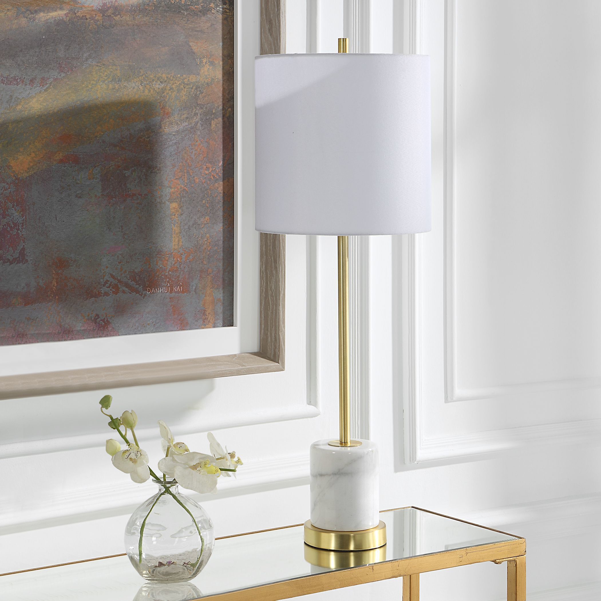 Turret 30 inch 150.00 watt Brushed Gold and White Marble Buffet Lamp Portable Light
