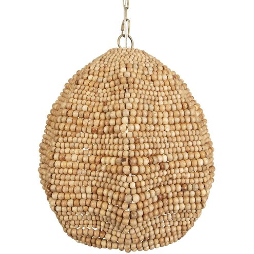 Kauri 1 Light 18 inch Natural Wooden Beads and Antique Brass Pendant Ceiling Light