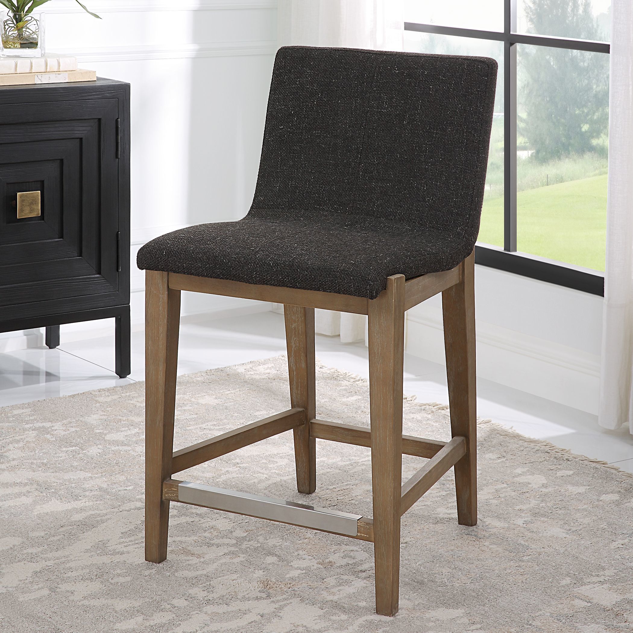 Klemens 38.5 inch Charcoal Brown Fabric and Light Walnut Counter Stool