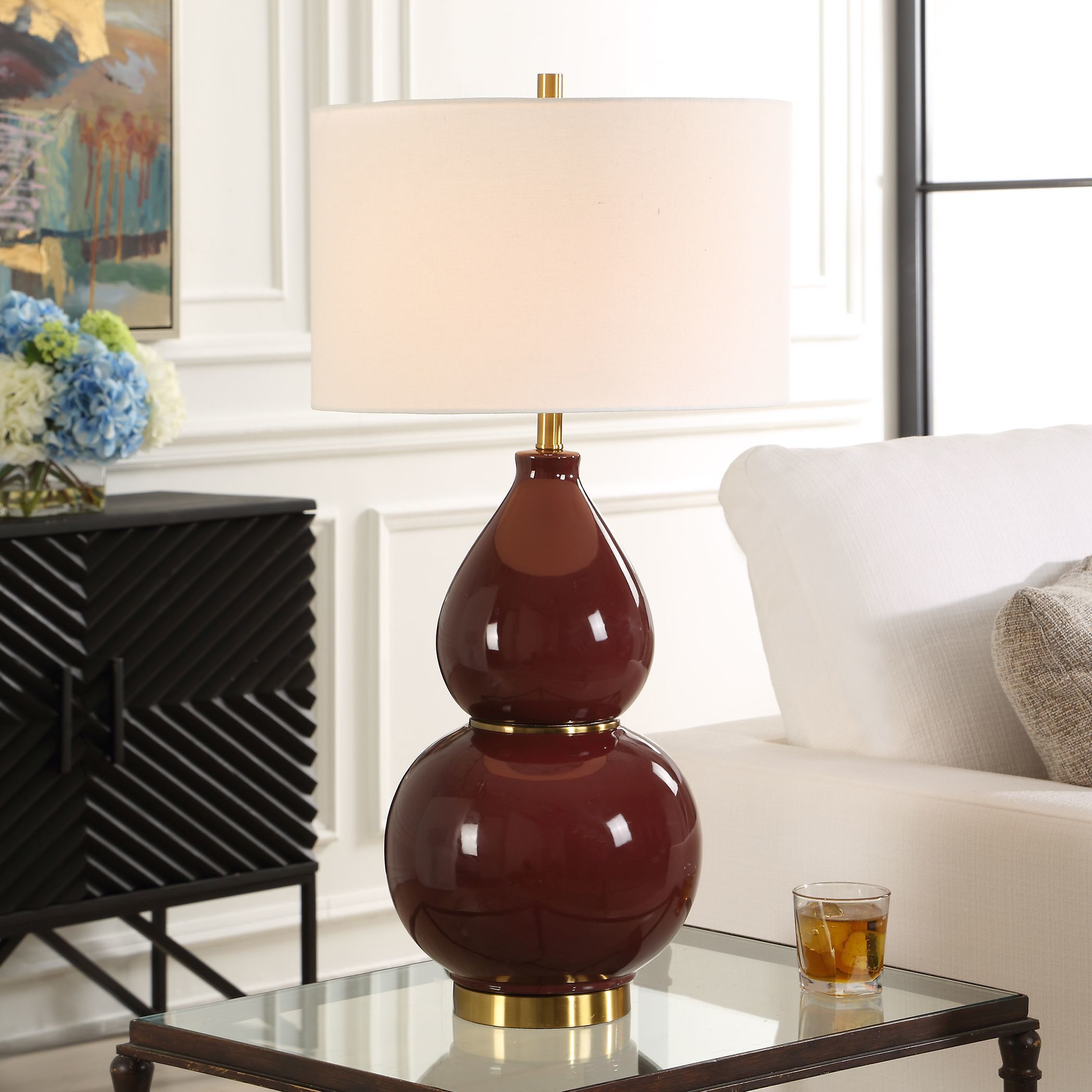 Gourd 30.5 inch 150 watt Burgundy Glaze and Antiqued Brass Table Lamp Portable Light