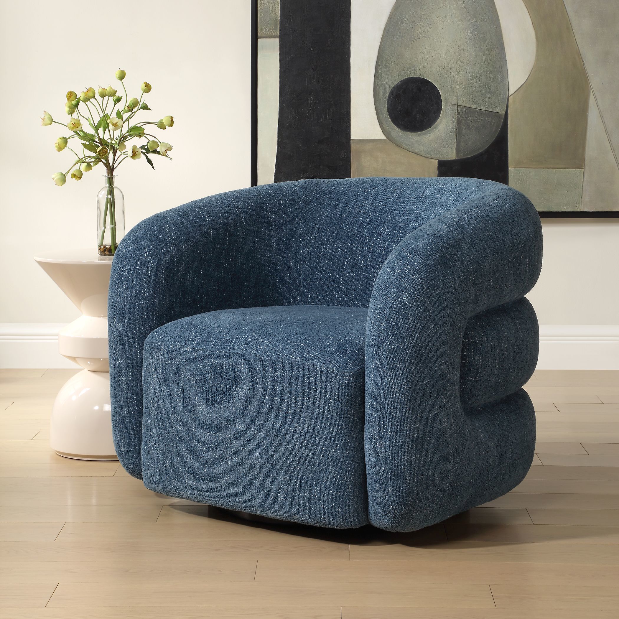 Junie Black and Blueberry Swivel Barrel Chair