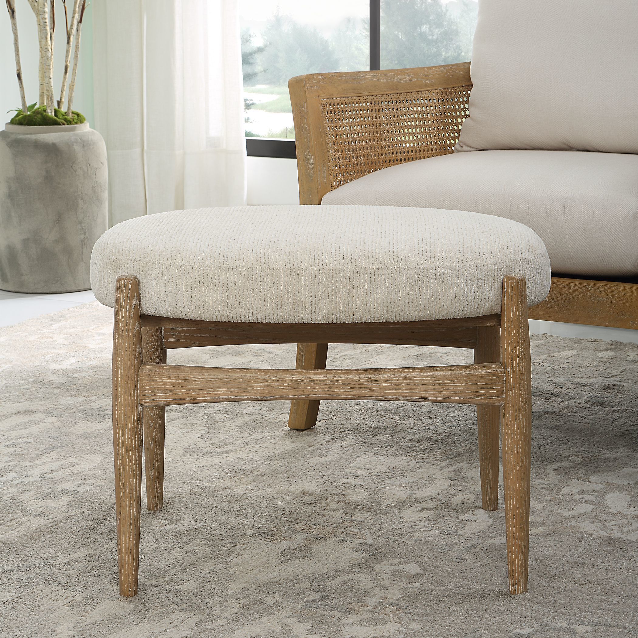 Acrobat Off White Glazed Natural Oak and Off-White Fabric Bench
