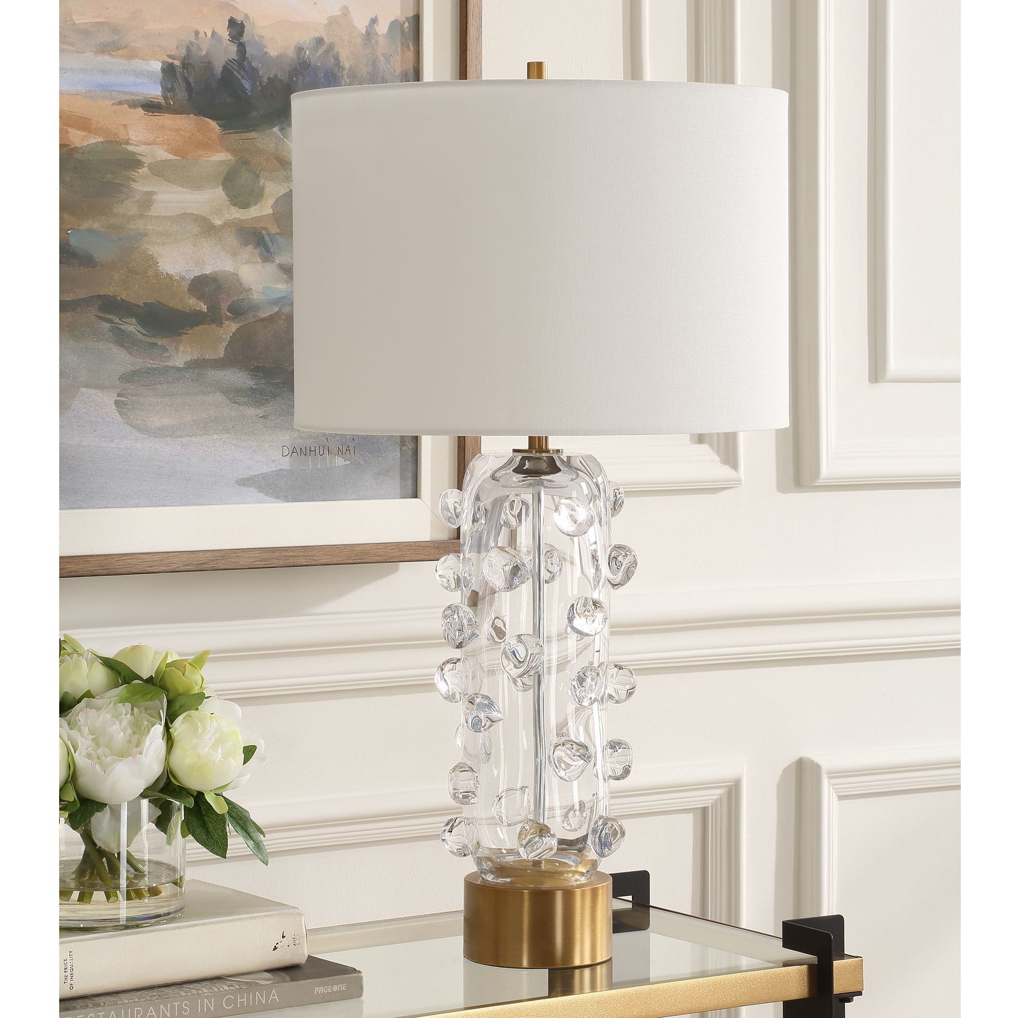 Aura 27.75 inch 150 watt Clear Glass and Brushed Brass Table Lamp Portable Light