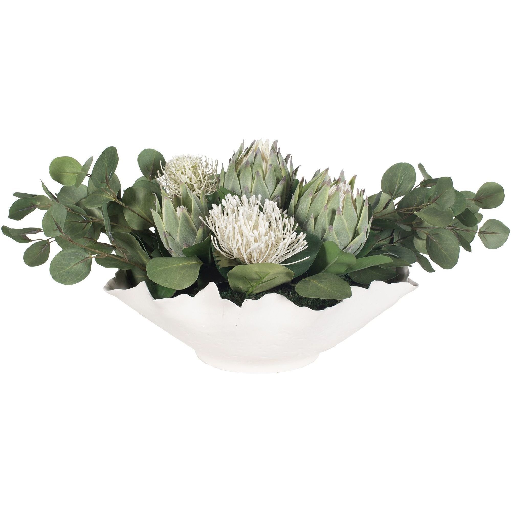 Protea Blooms Off-White and Green Bowl Centerpiece