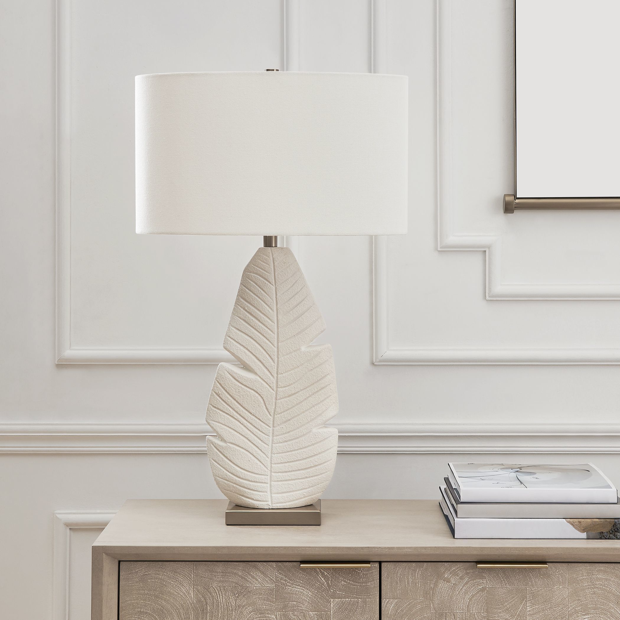 Palm Leaf 31.25 inch 150 watt Matte White Glaze and Brass Table Lamp Portable Light