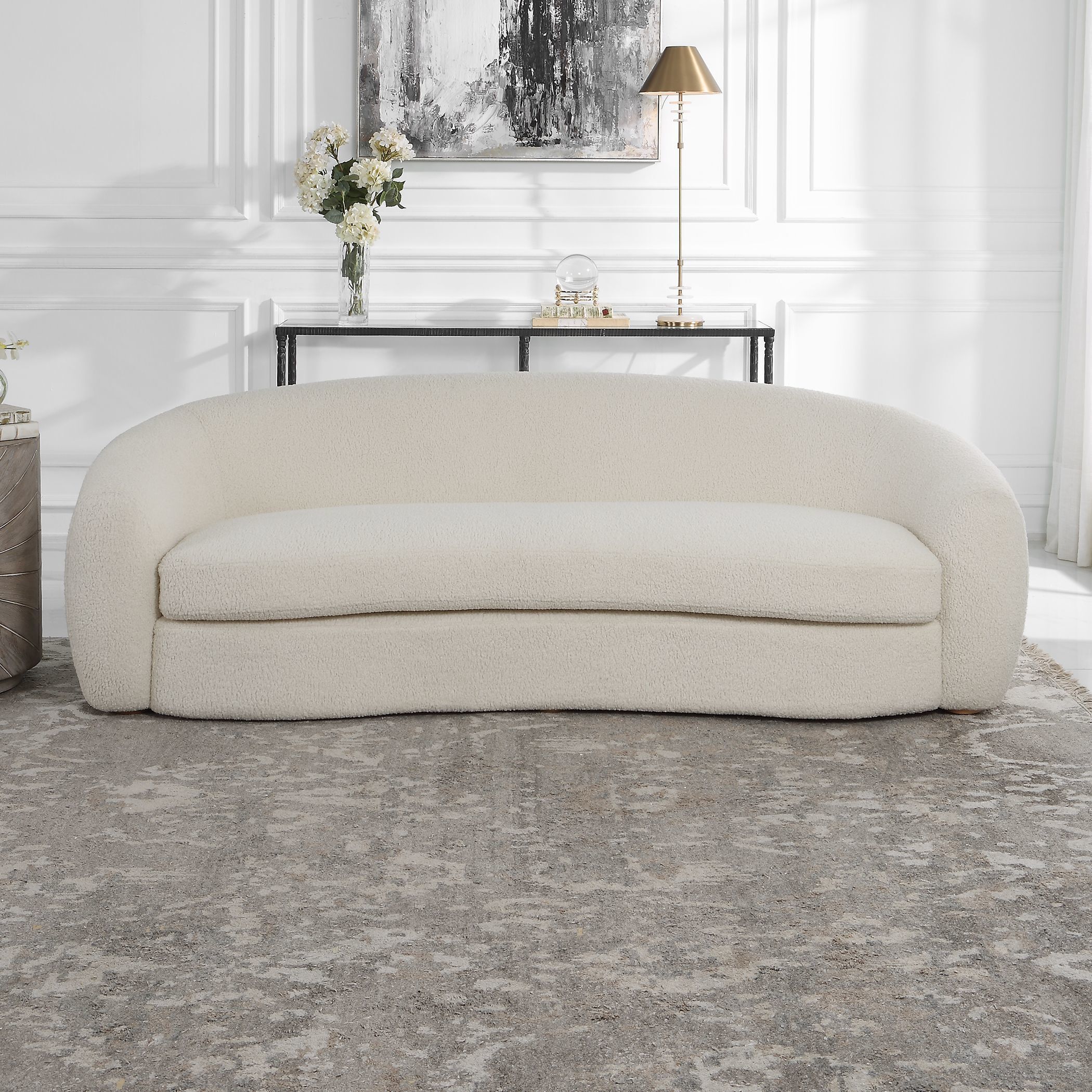Capra Off White Faux Shearling and Natural Oak Sofa
