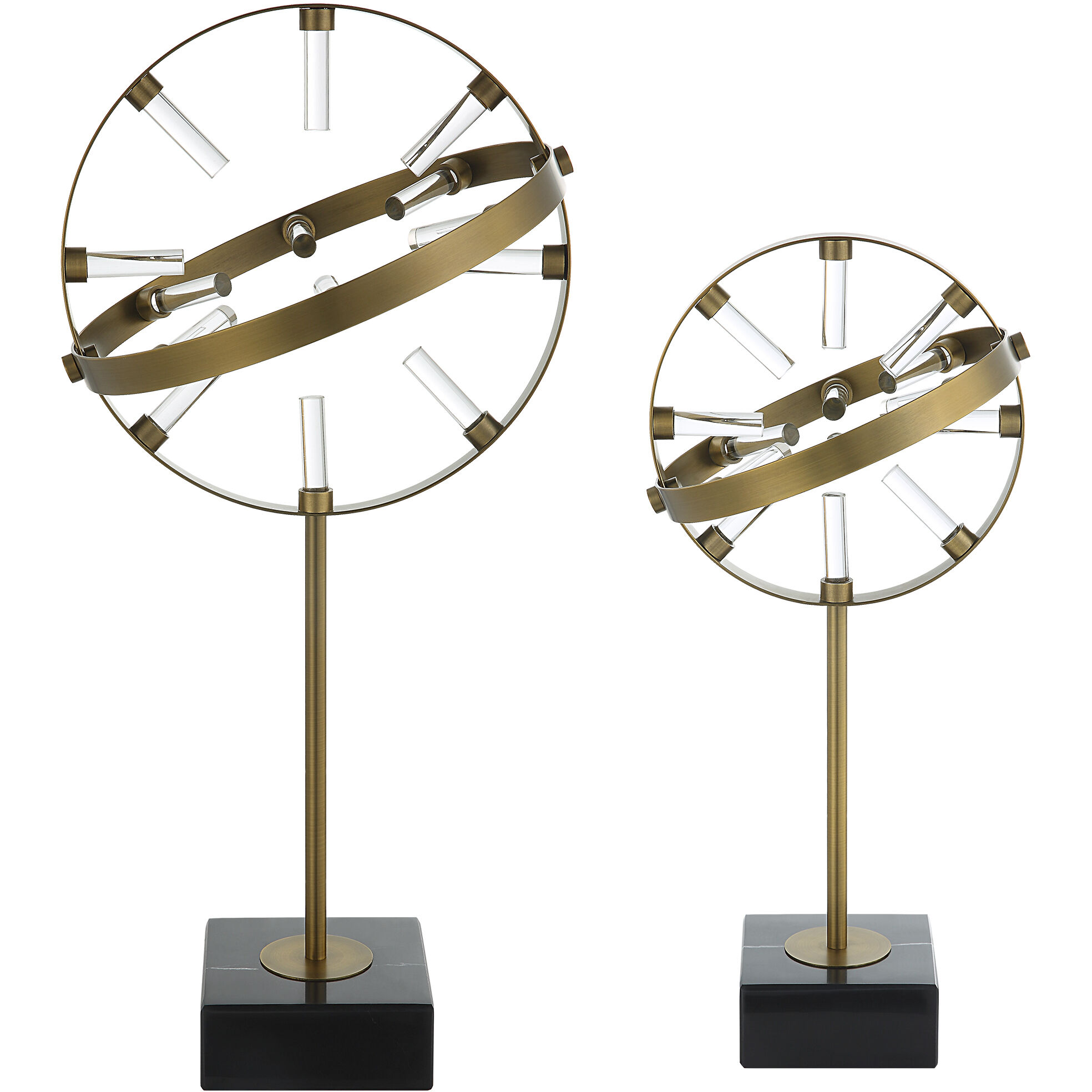 Realm Plated Brass with Crystal and Black Marble Spherical Sculptures, Set of 2