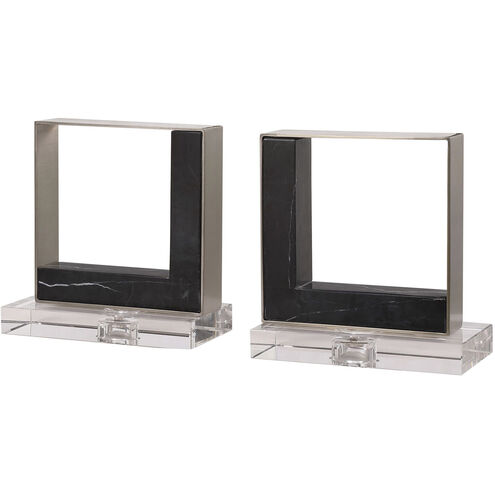 Tilman 8 inch Black Marble with Brushed Nickel and Crystal Bookends, Set of 2