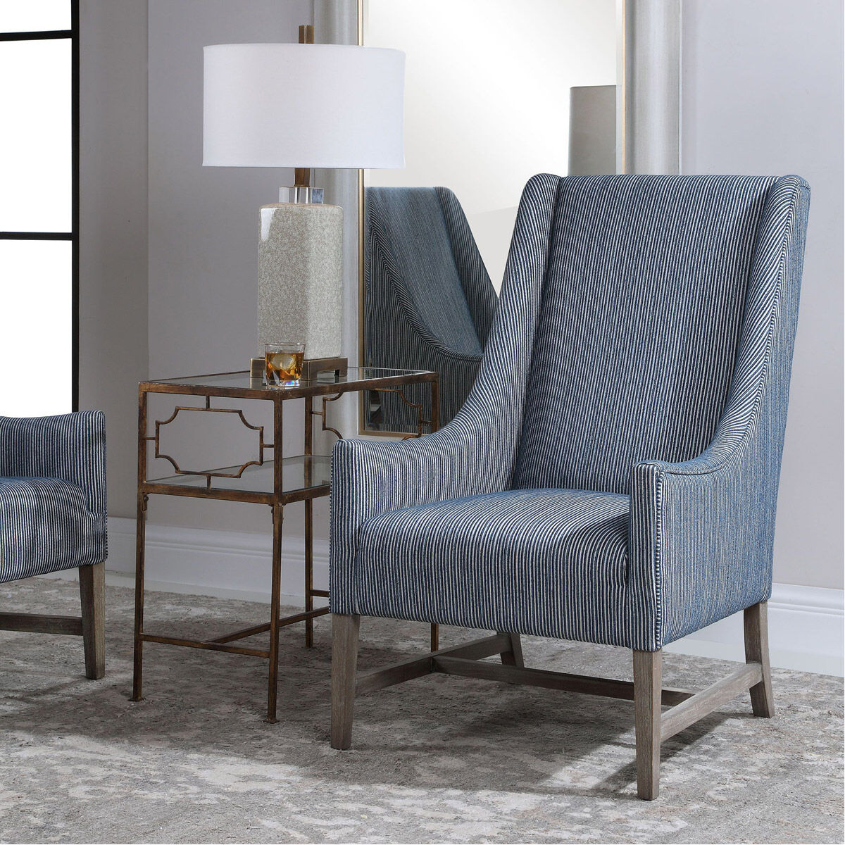 Galiot Blue and White Fabric with Natural Wood Accent Chair