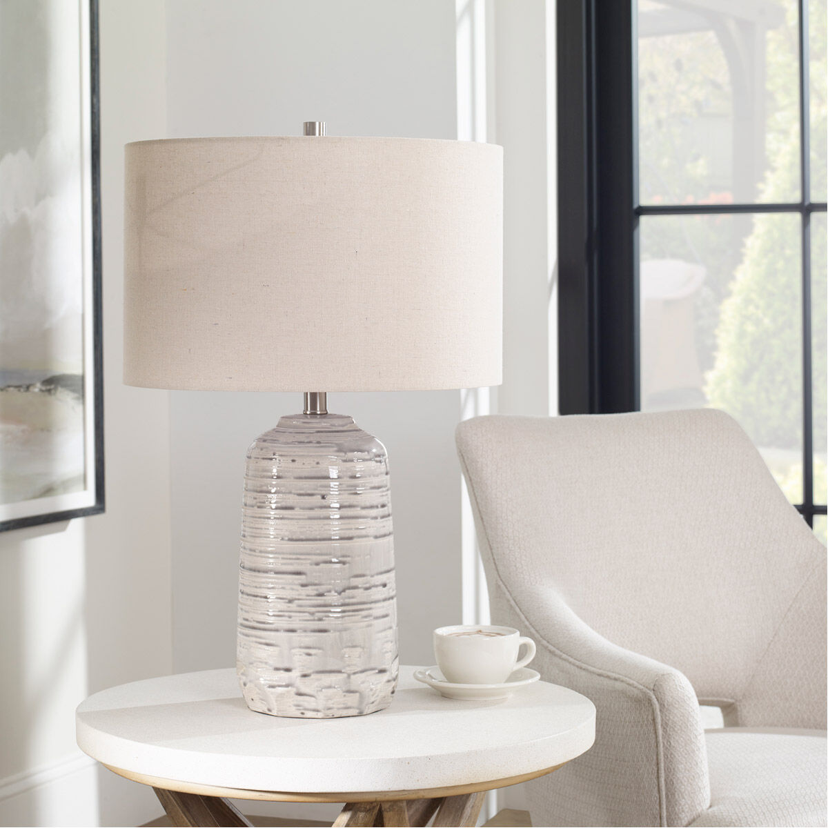 Cyclone 25 inch 150.00 watt Ivory Glaze with Striped Gray Drip Table Lamp Portable Light
