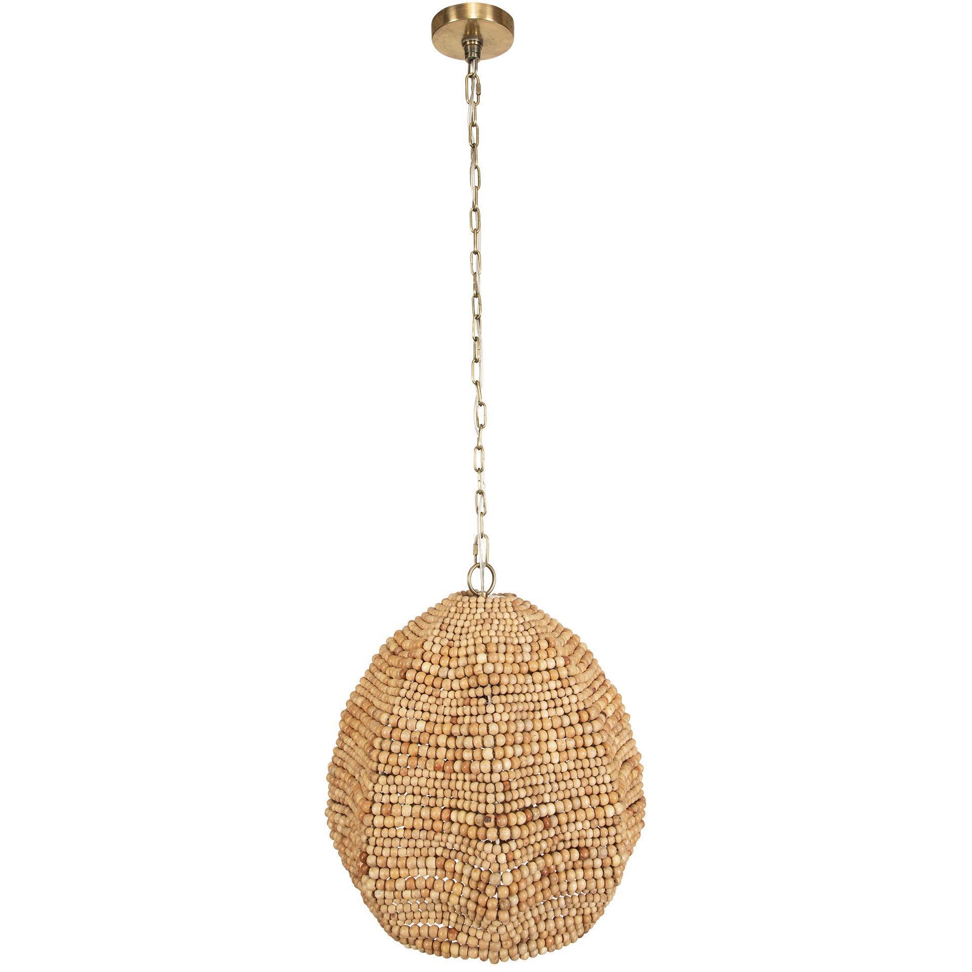 Kauri 1 Light 18 inch Natural Wooden Beads and Antique Brass Pendant Ceiling Light