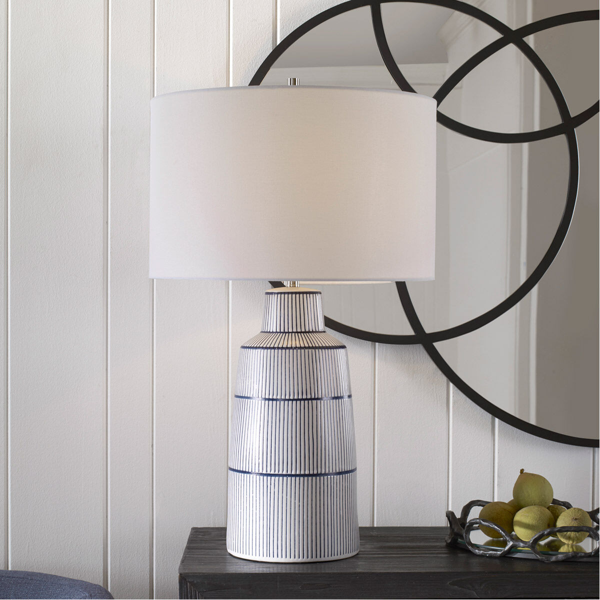 Breton 29 inch 150.00 watt Satin White Glaze with Navy Blue Stripes Table Lamp Portable Light
