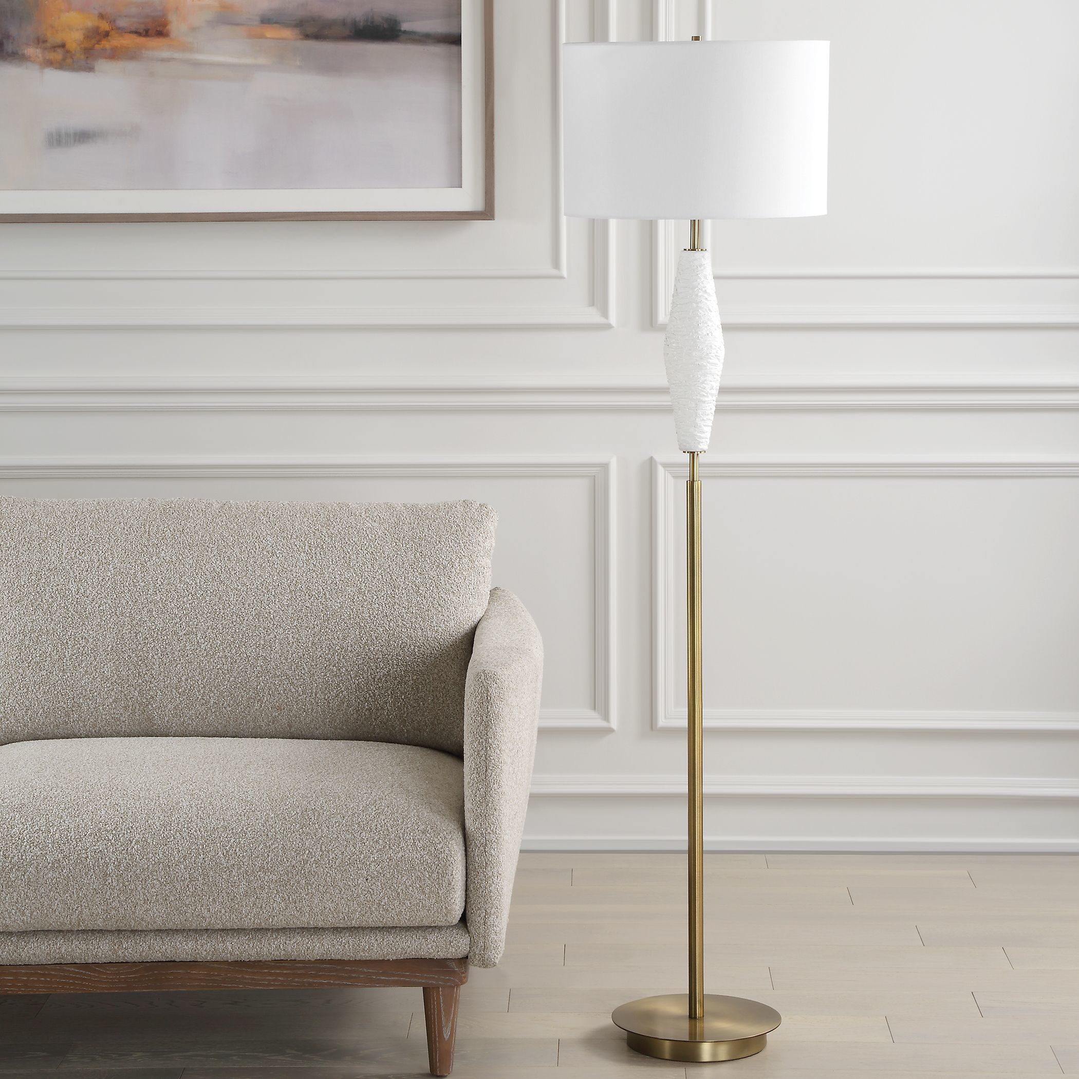 Quite The Buzz 65.5 inch 150.00 watt Textured White Ceramic and Antique Brass Floor Lamp Portable Light
