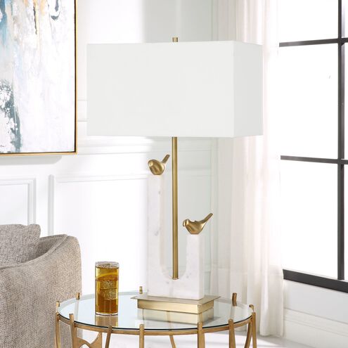Songbirds 30 inch 150 watt Cast Brass and White Marble with Brushed Brass Table Lamp Portable Light
