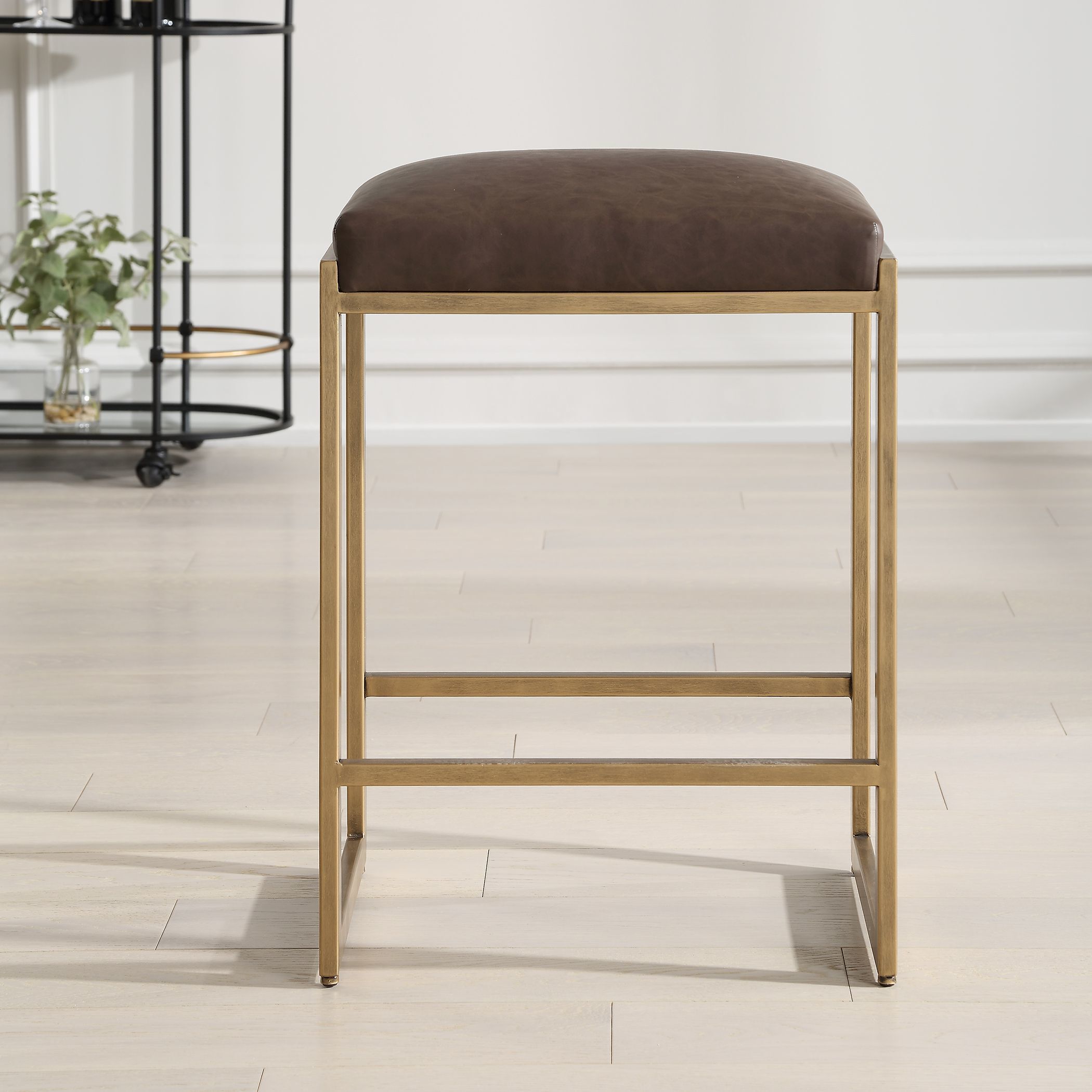 Atticus 25.75 inch Antique Brushed Brass with Cocoa Faux Leather Counter Stool