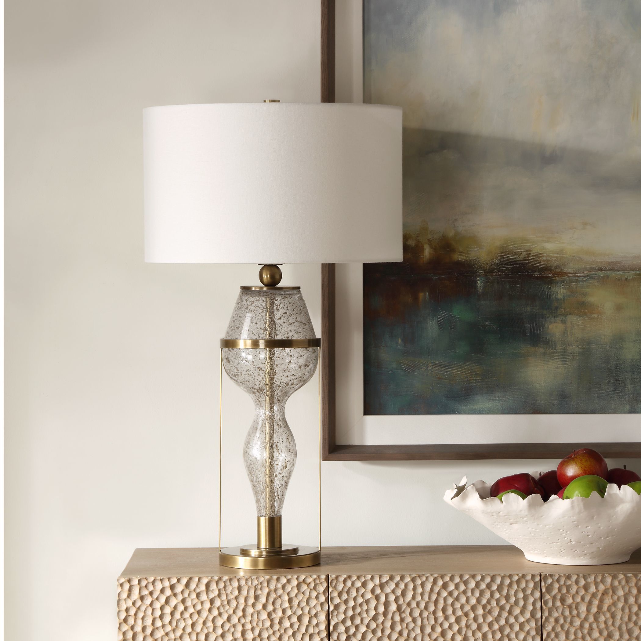 Out Of Time 29.75 inch 150.00 watt Seeded Glass with Gray Flecks and Antiqued Brass Table Lamp Portable Light