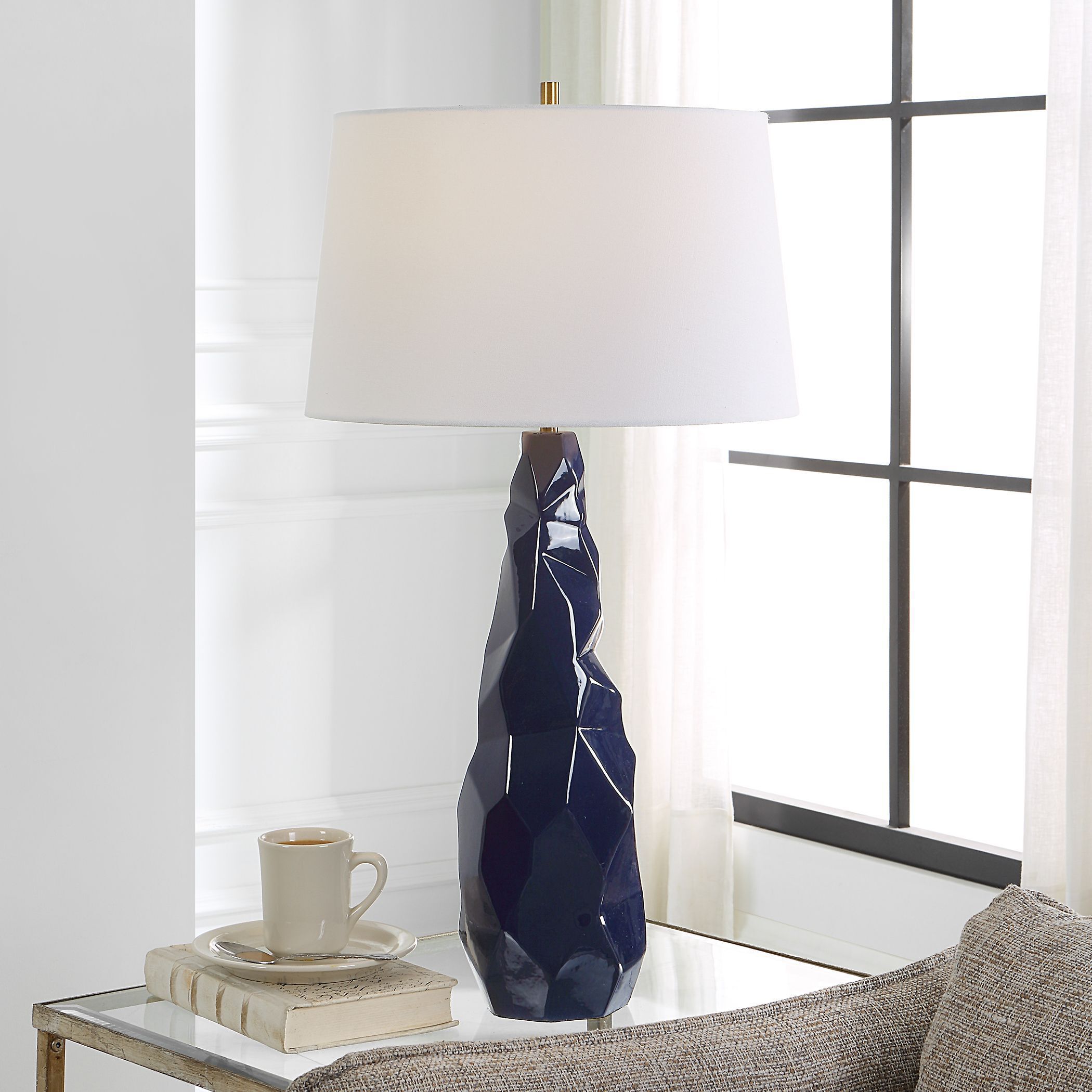 Kavos 31 inch 150.00 watt Navy Blue Gloss Glaze and Brushed Brass Table Lamp Portable Light