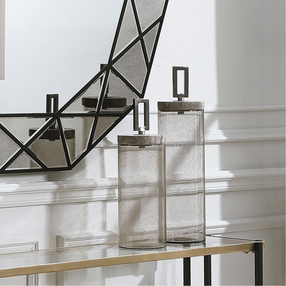 Carmen Gray Seeded Glass with Gray and White Marble Containers, Set of 2