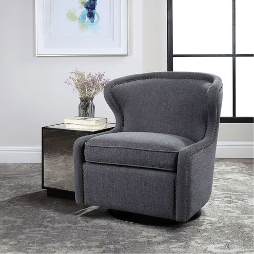 Biscay Dark Charcoal Gray Fabric and Antique Brass Swivel Chair