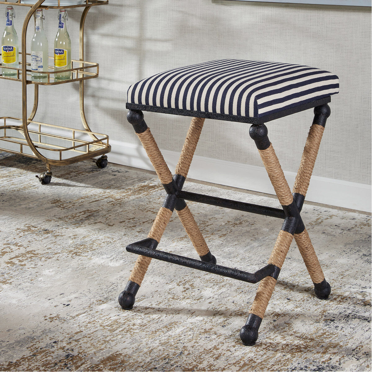 Braddock 28 inch Rustic Iron and Natural Fiber Rope with Navy/Cream Counter Stool