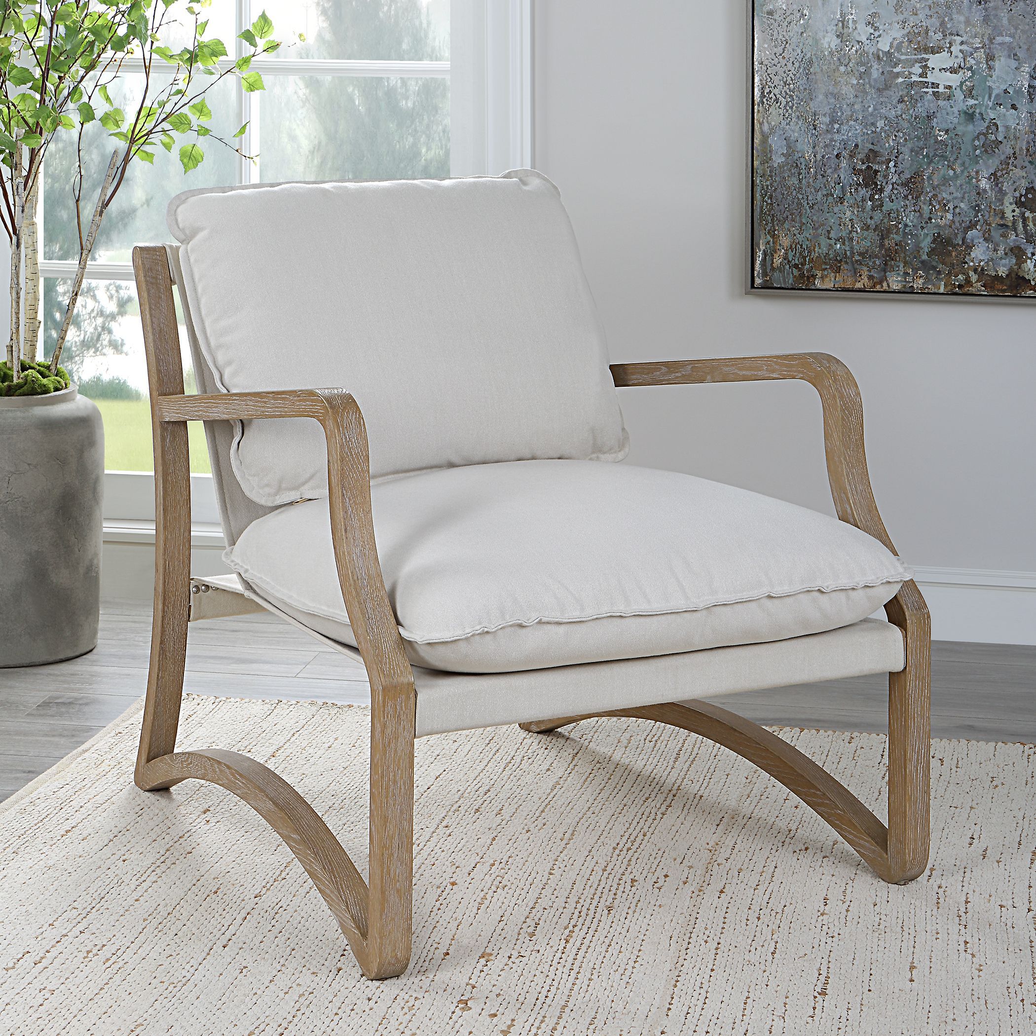 Melora Natural Solid Oak and Natural Linen Toned Fabric Accent Chair