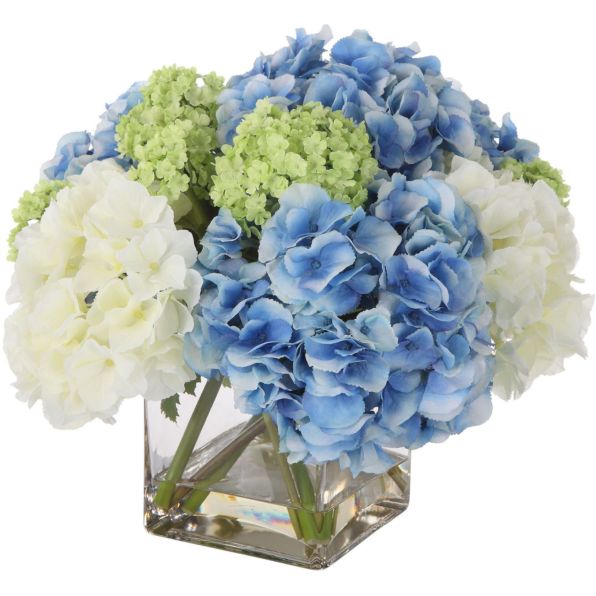 Providence Hydrangea White and Blue with Clear Glass Bouquet