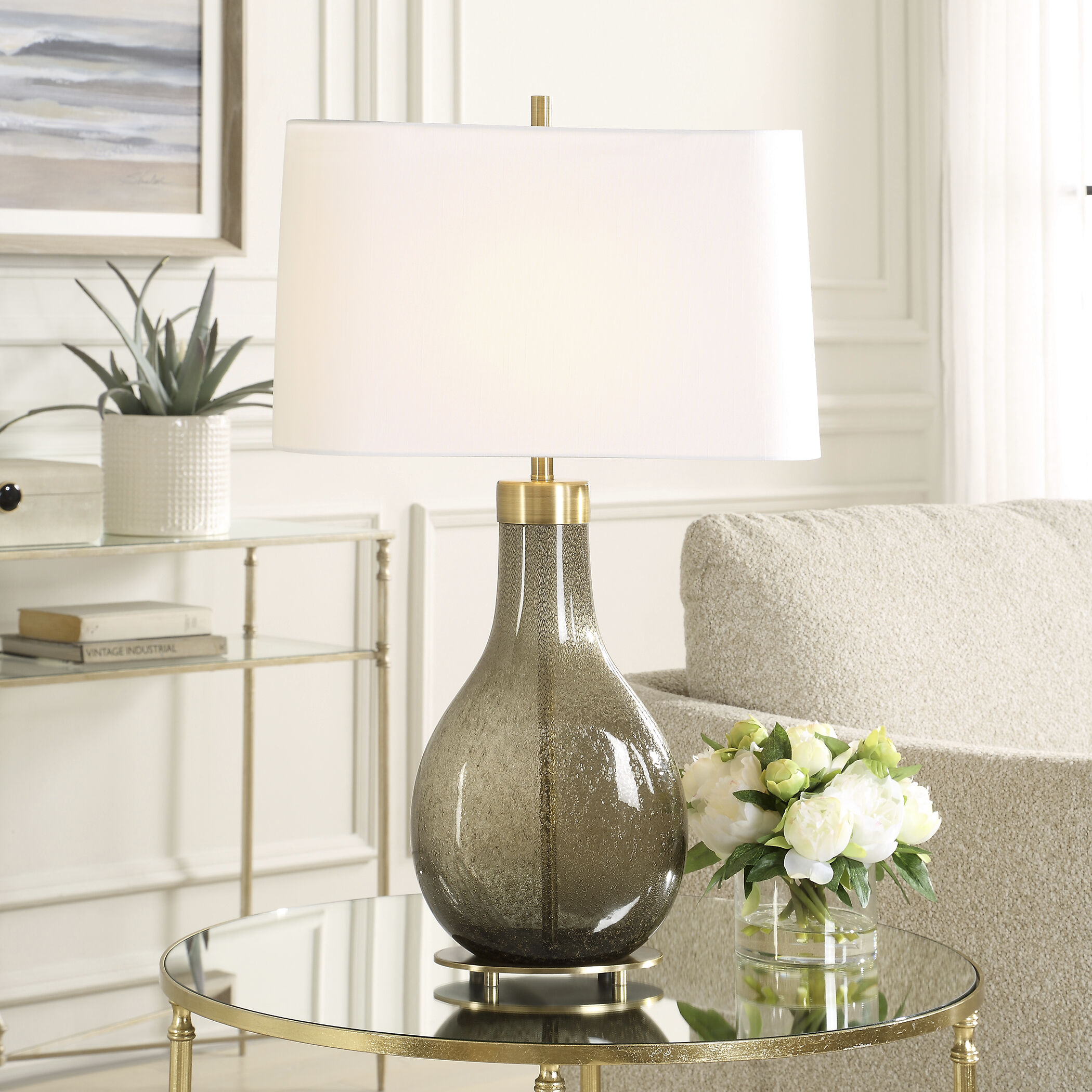 Shyla 29.25 inch 150 watt Dark Moss Seeded Glass and Plated Brushed Brass Table Lamp Portable Light