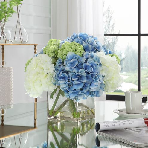 Providence Hydrangea White and Blue with Clear Glass Bouquet