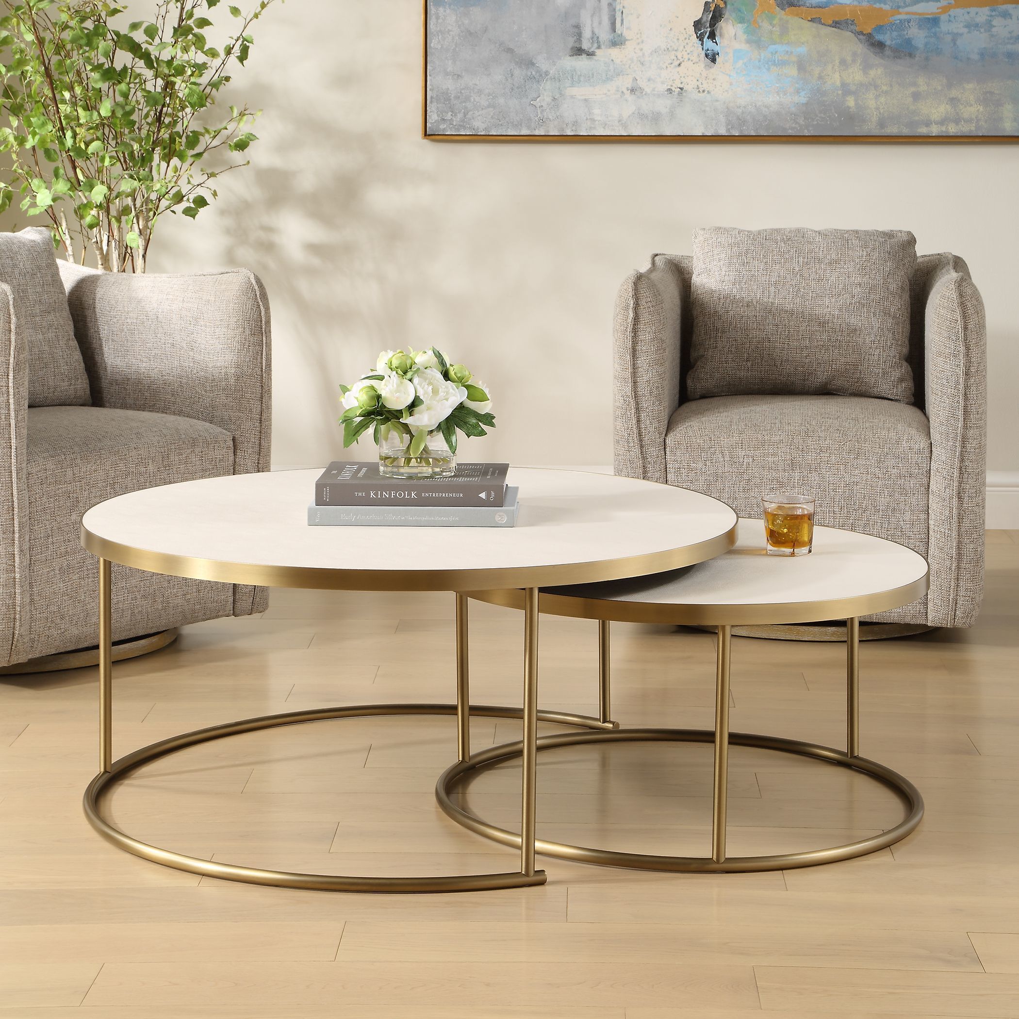 Aragon 40 X 17.5 inch Brass and Faux White Shagreen Coffee Tables, Set of 2