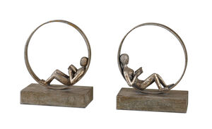 Lounging Reader 8 inch Antiqued Silver Leaf Bookends