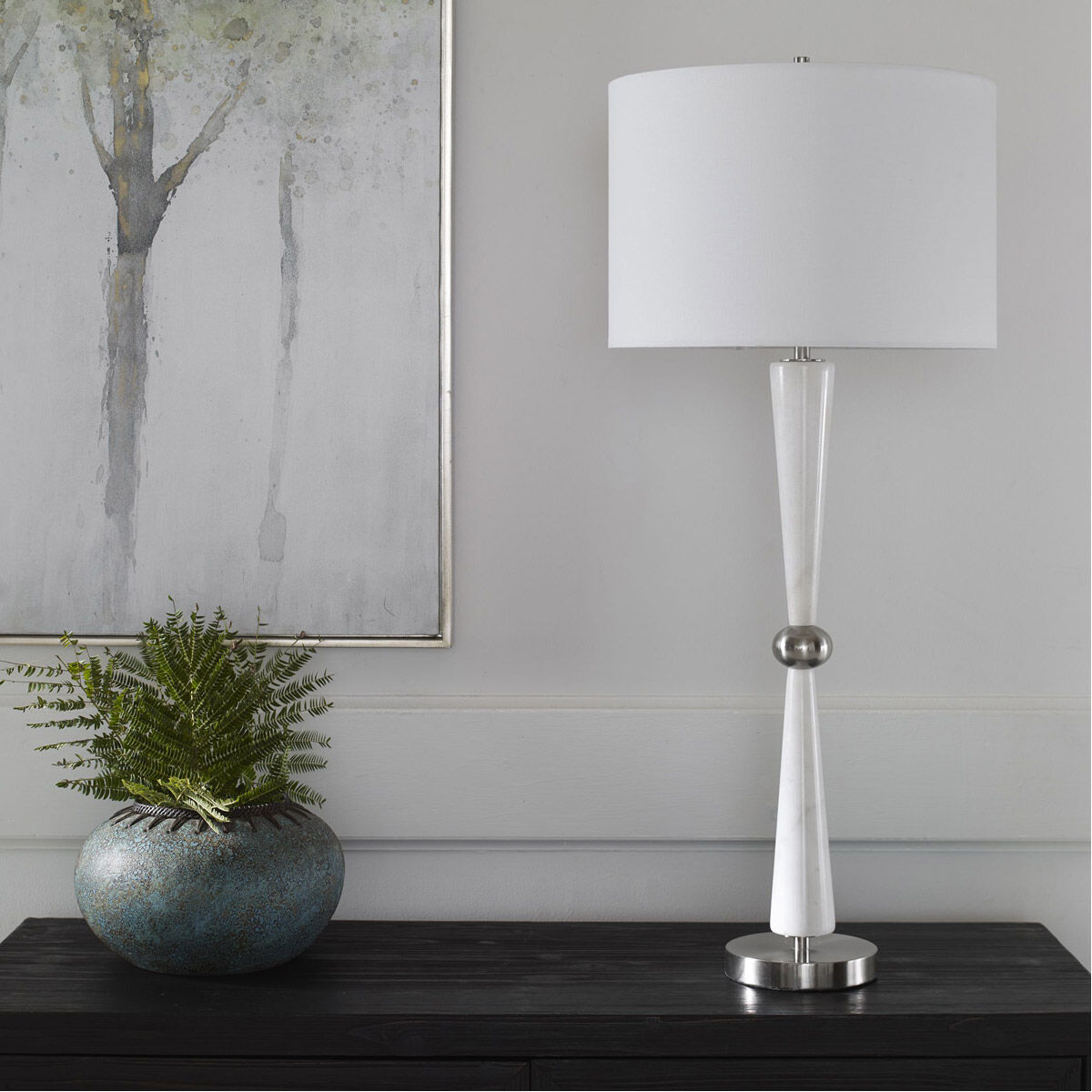 Hourglass 35 inch 150.00 watt White Marble and Brushed Nickel Table Lamp Portable Light