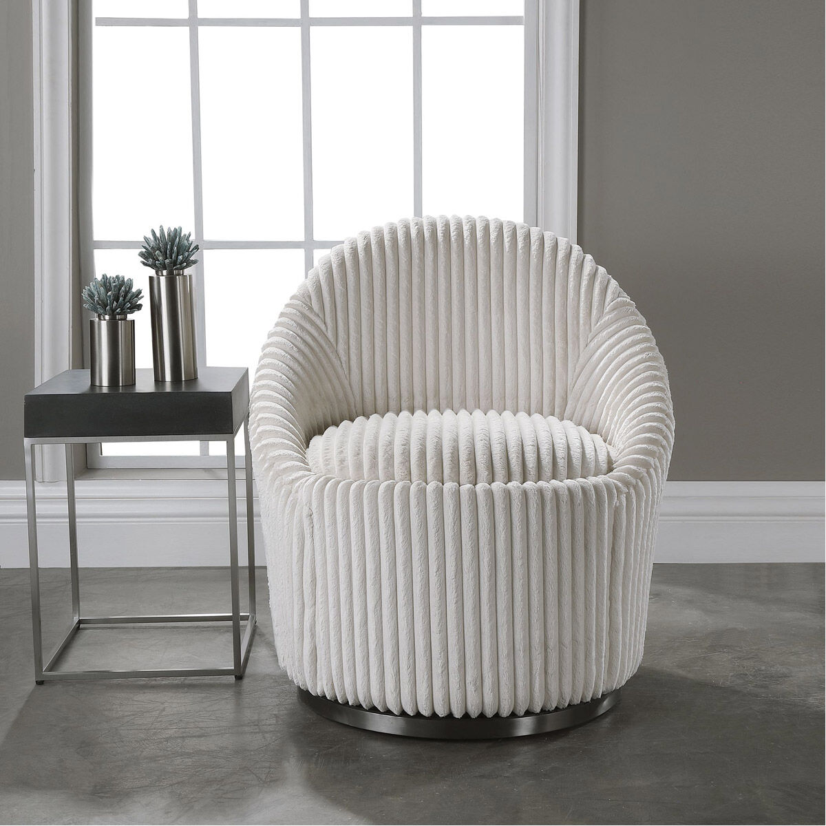 Crue Ivory Chenille Fabric and Brushed Black Nickel Swivel Chair