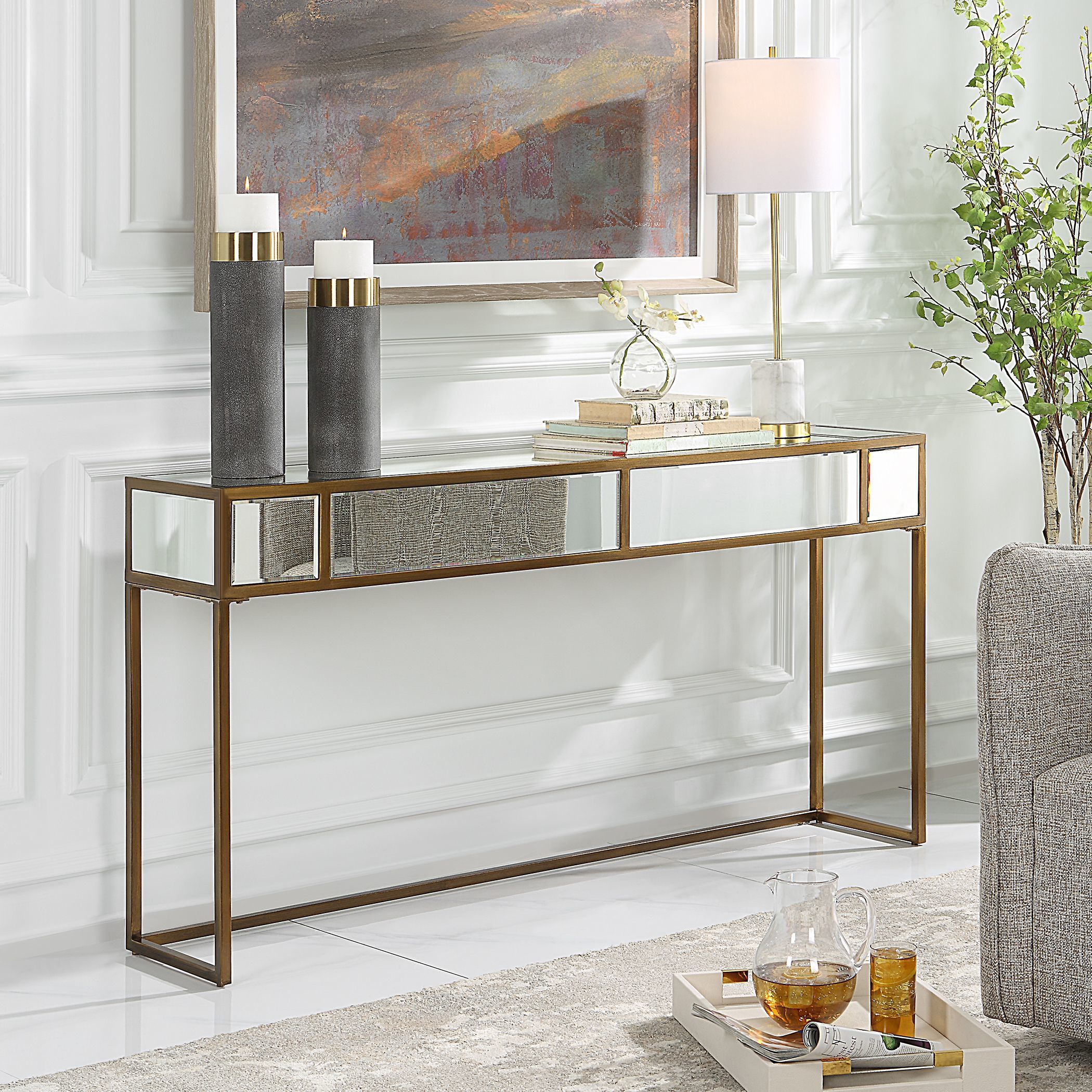 Reflect 62 inch Brushed Aged Gold and Mirrored Accents Mirrored Console Table