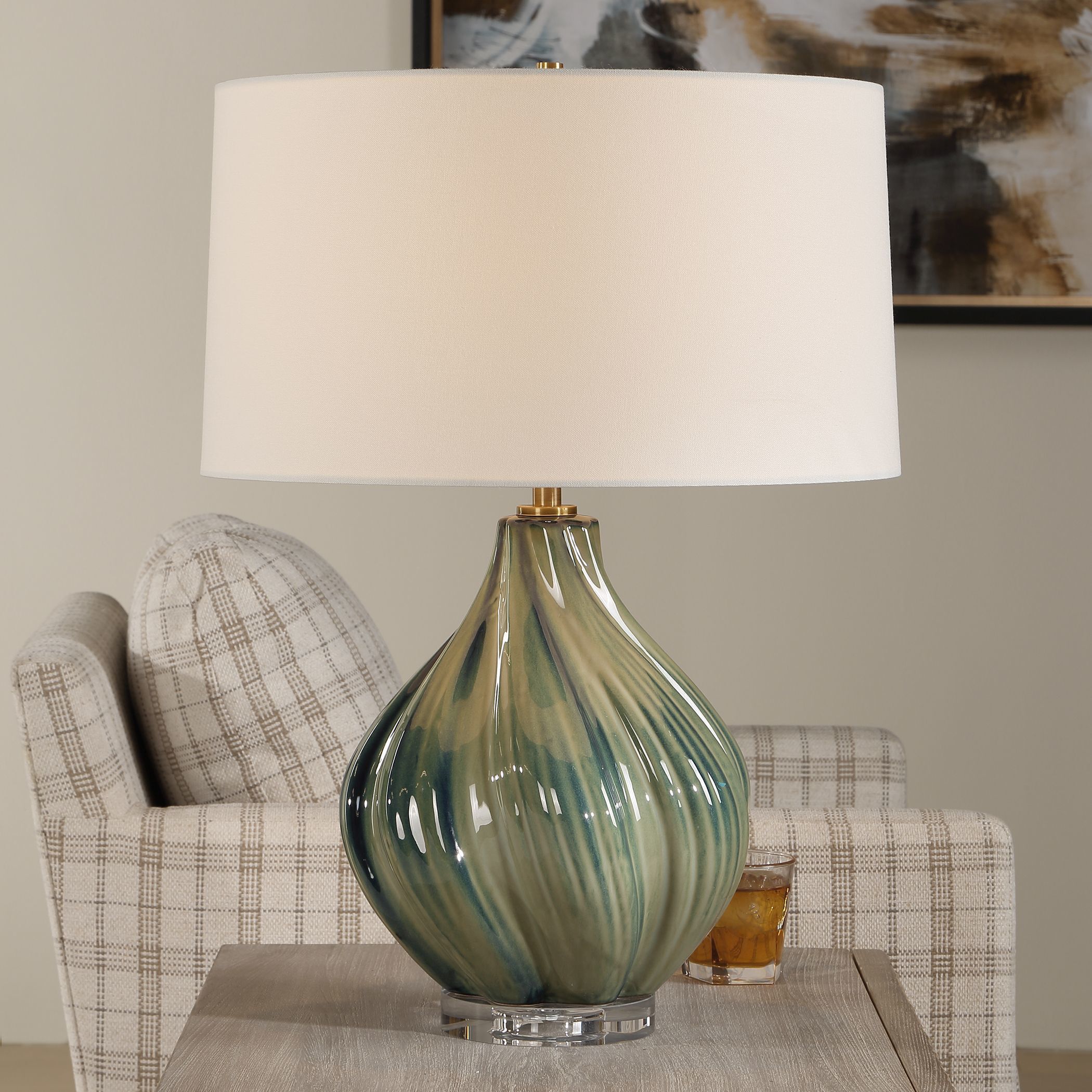 Tausha 25.5 inch 150 watt Greens And Blue Tones with Crystal and Antique Brass Table Lamp Portable Light
