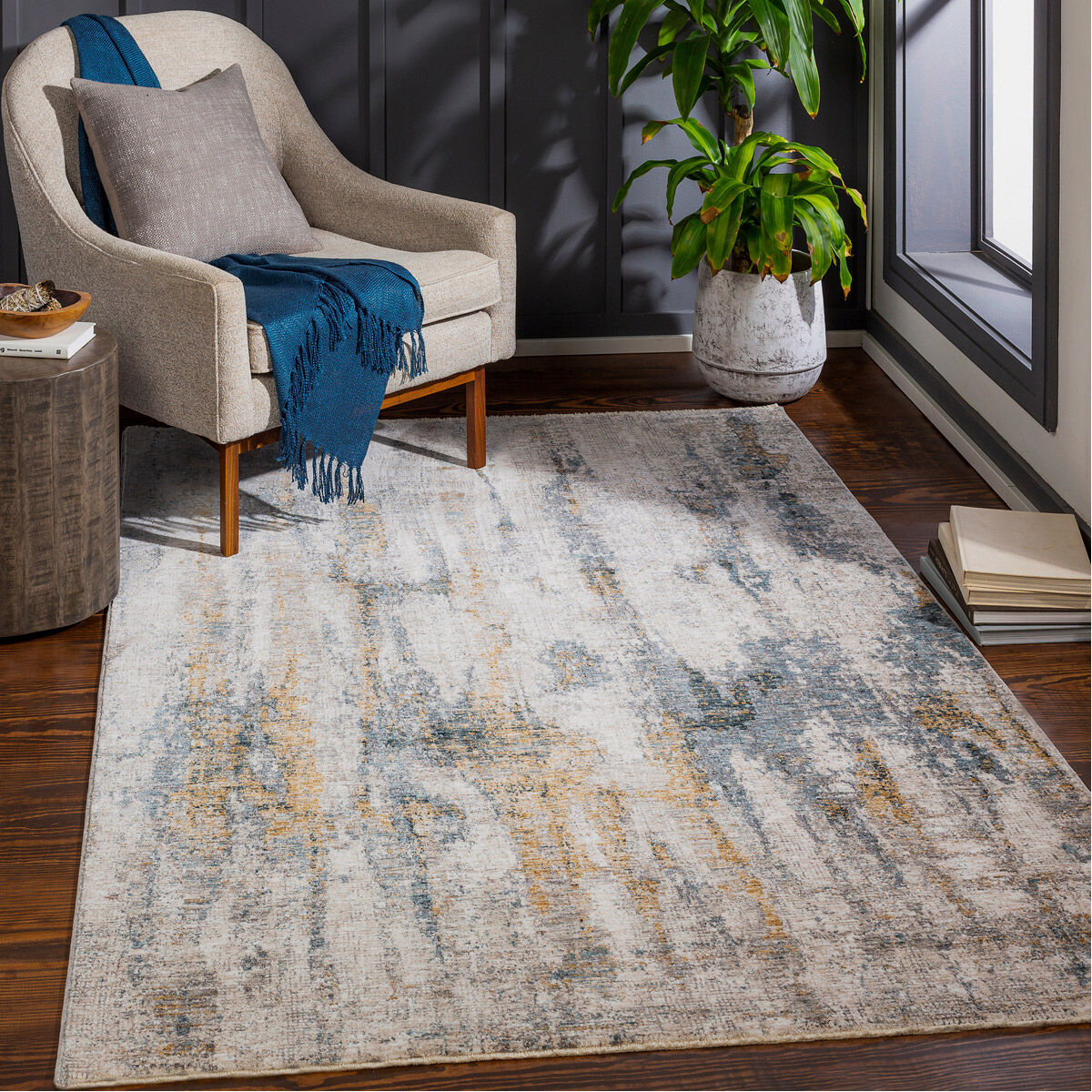 Ladoga 89 X 60 inch Light Beige/Cream/Denim Blue/Gray Rug, 5ft x 8ft