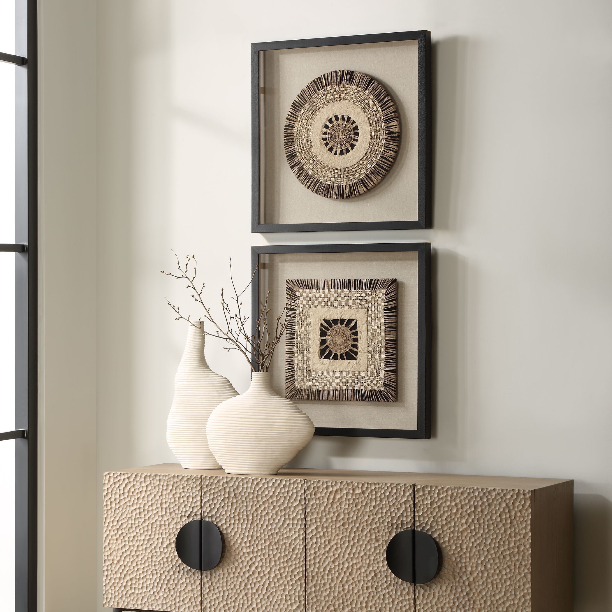 Intertwine Natural Earth Tones and Beige with Satin Black Shadow Boxes, Set of 2