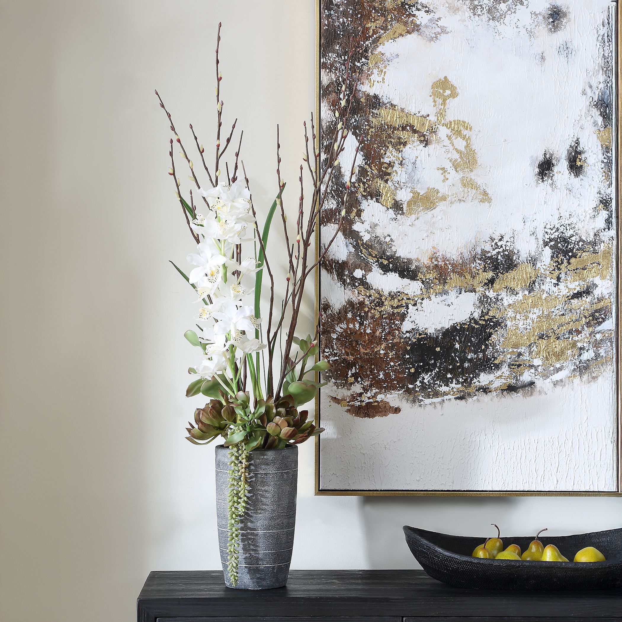 Eterna Orchid Aged Charcoal with White and Green Centerpiece & Vase