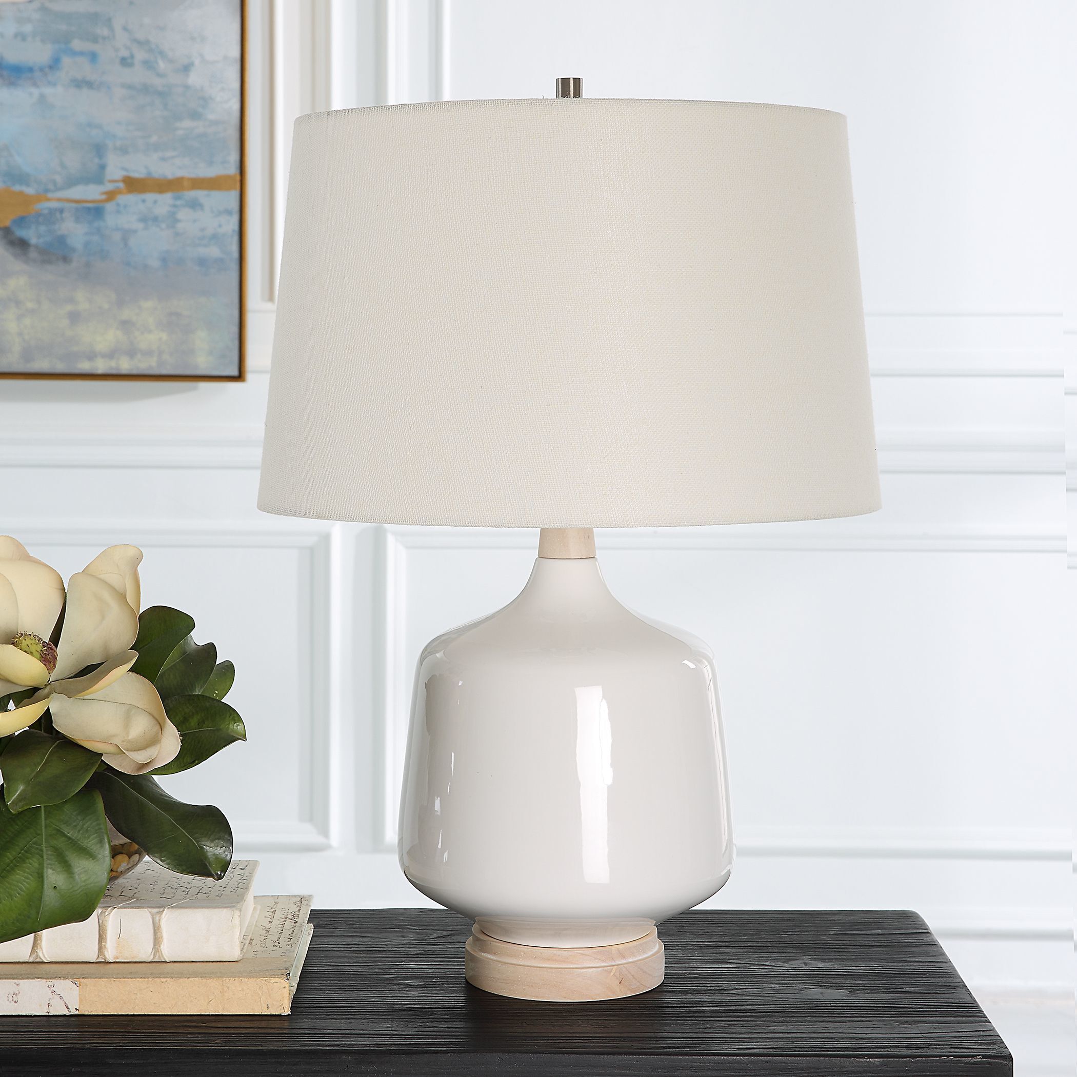 Opal 24.5 inch 150.00 watt White High Gloss Glaze and Natural Wood Table Lamp Portable Light