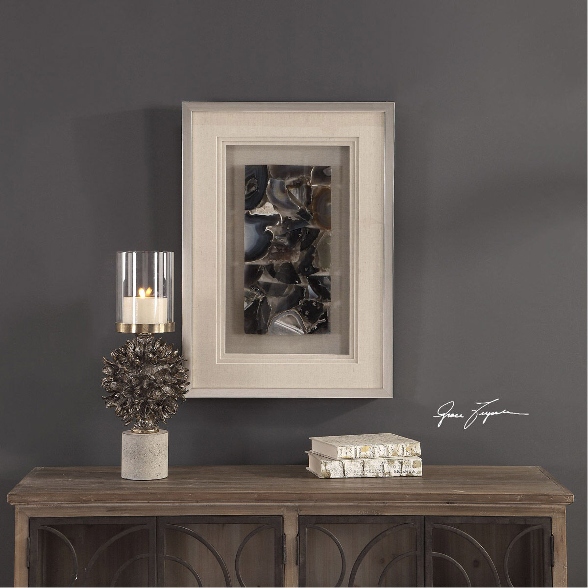 Seana Natural Agate Stone and Brushed Silver Shadow Box