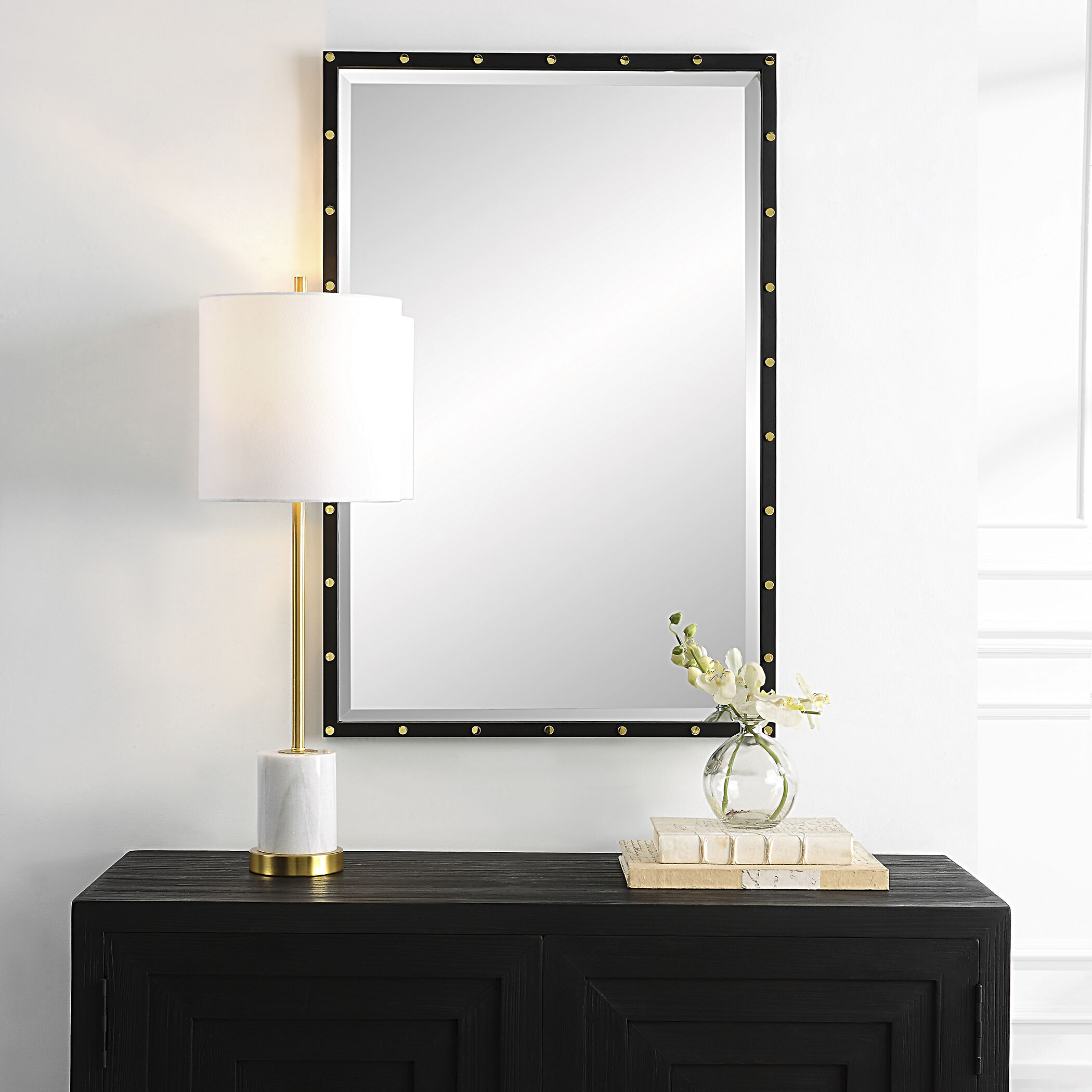Benedo 35.88 X 24 inch Matte Black with Plated Brass Vanity Mirror