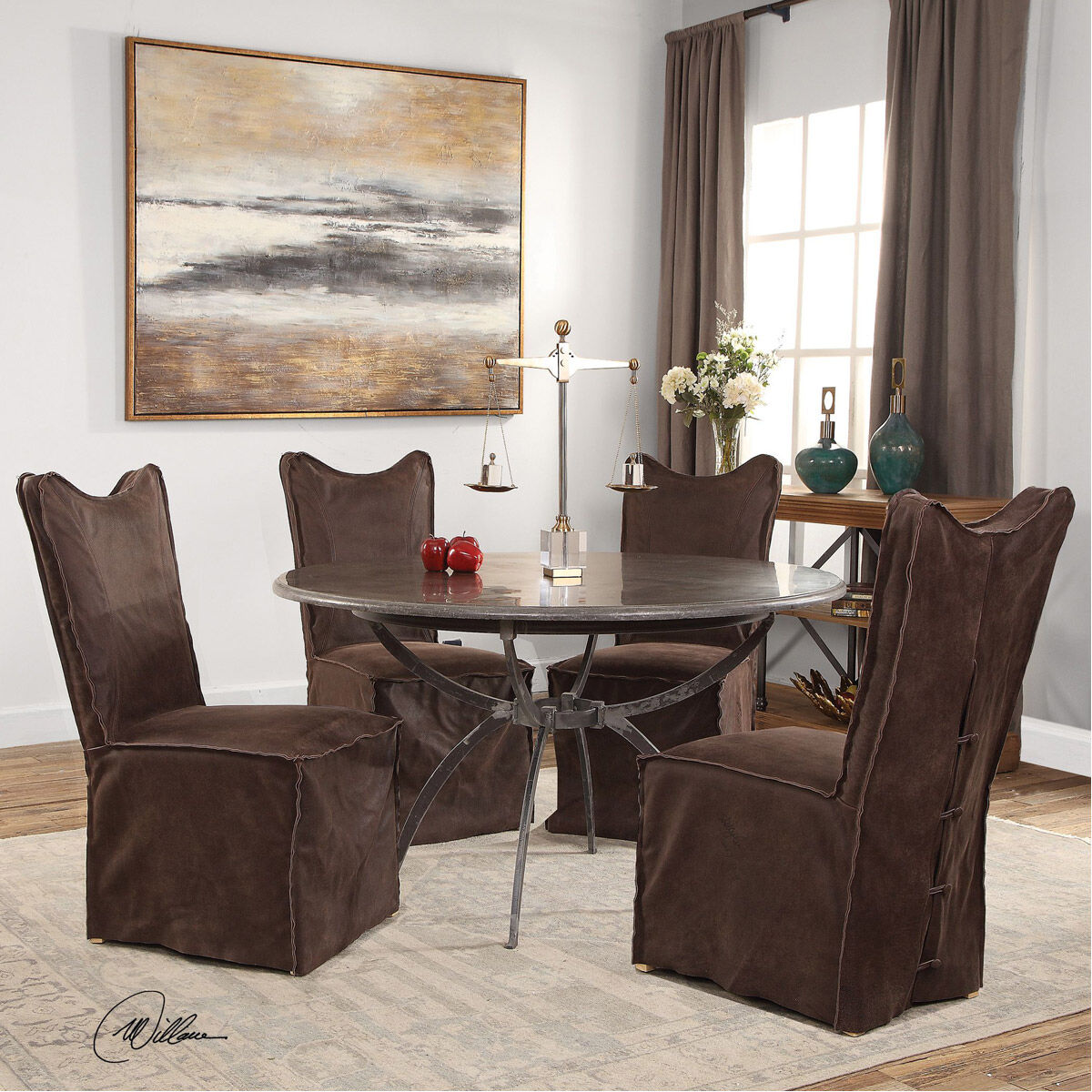 Delroy Distressed Hand-Sanded Chocolate Nubuck Leather Armless Chairs, Set of 2