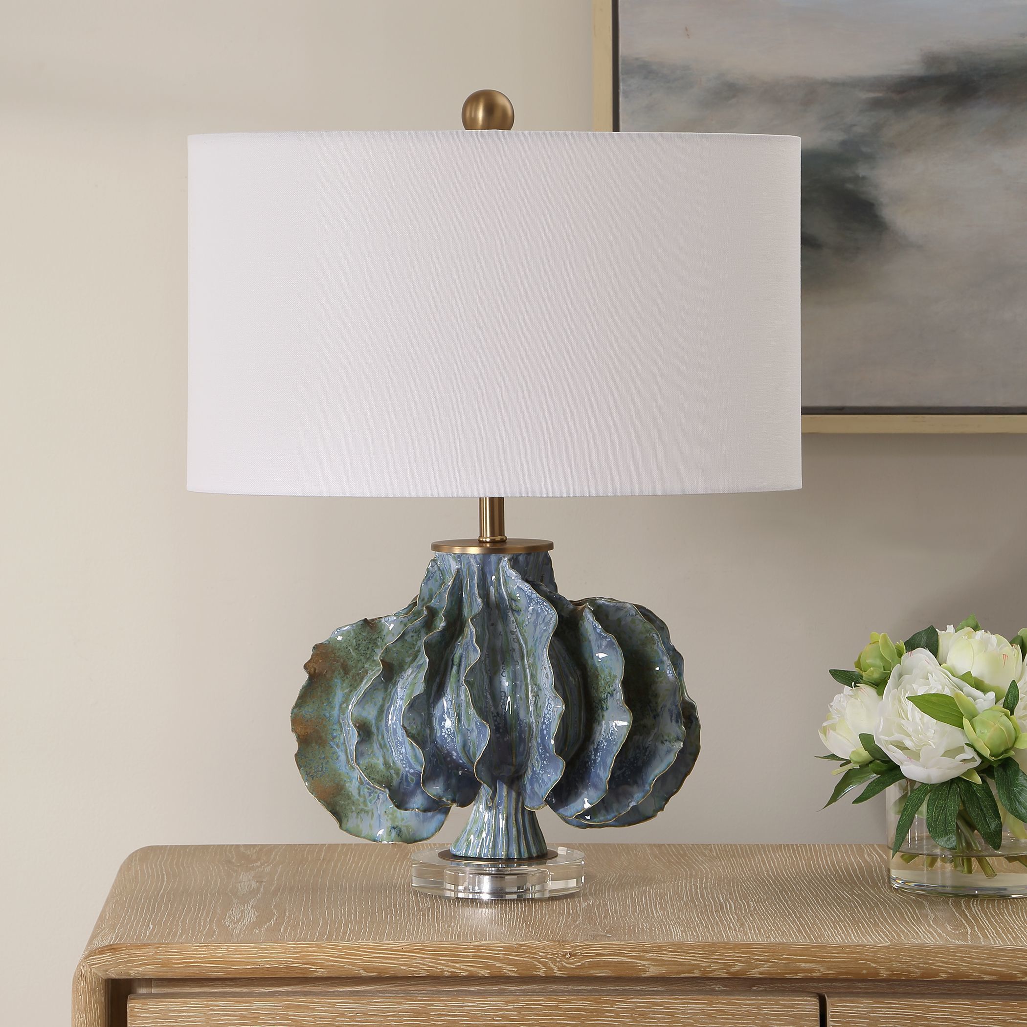 Ruffle Up 23 inch 150 watt Blue and Green and Brown Glaze with Antique Brass Table Lamp Portable Light